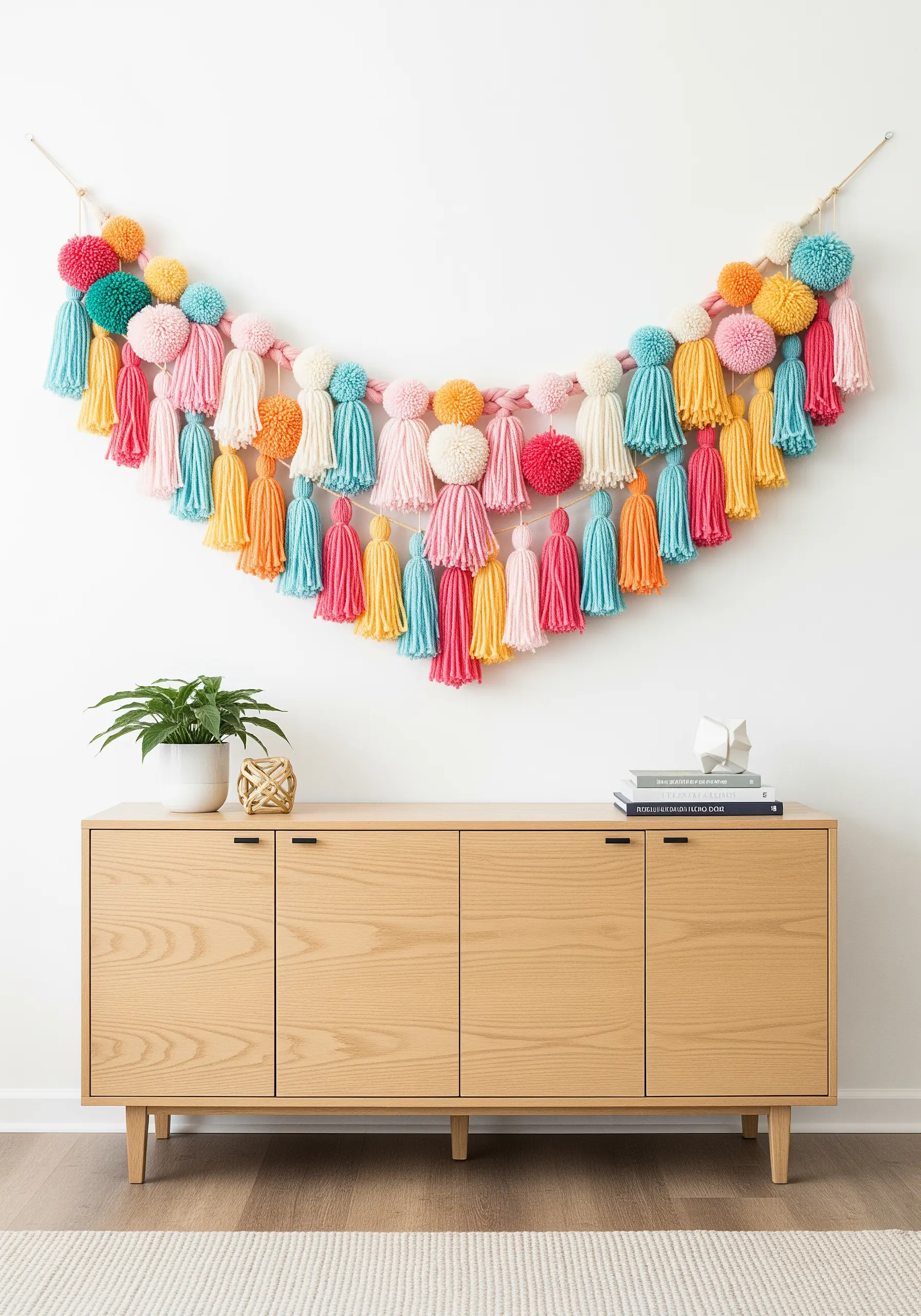 A large, colorful garland of yarn pom-poms and tassels hanging above a credenza.