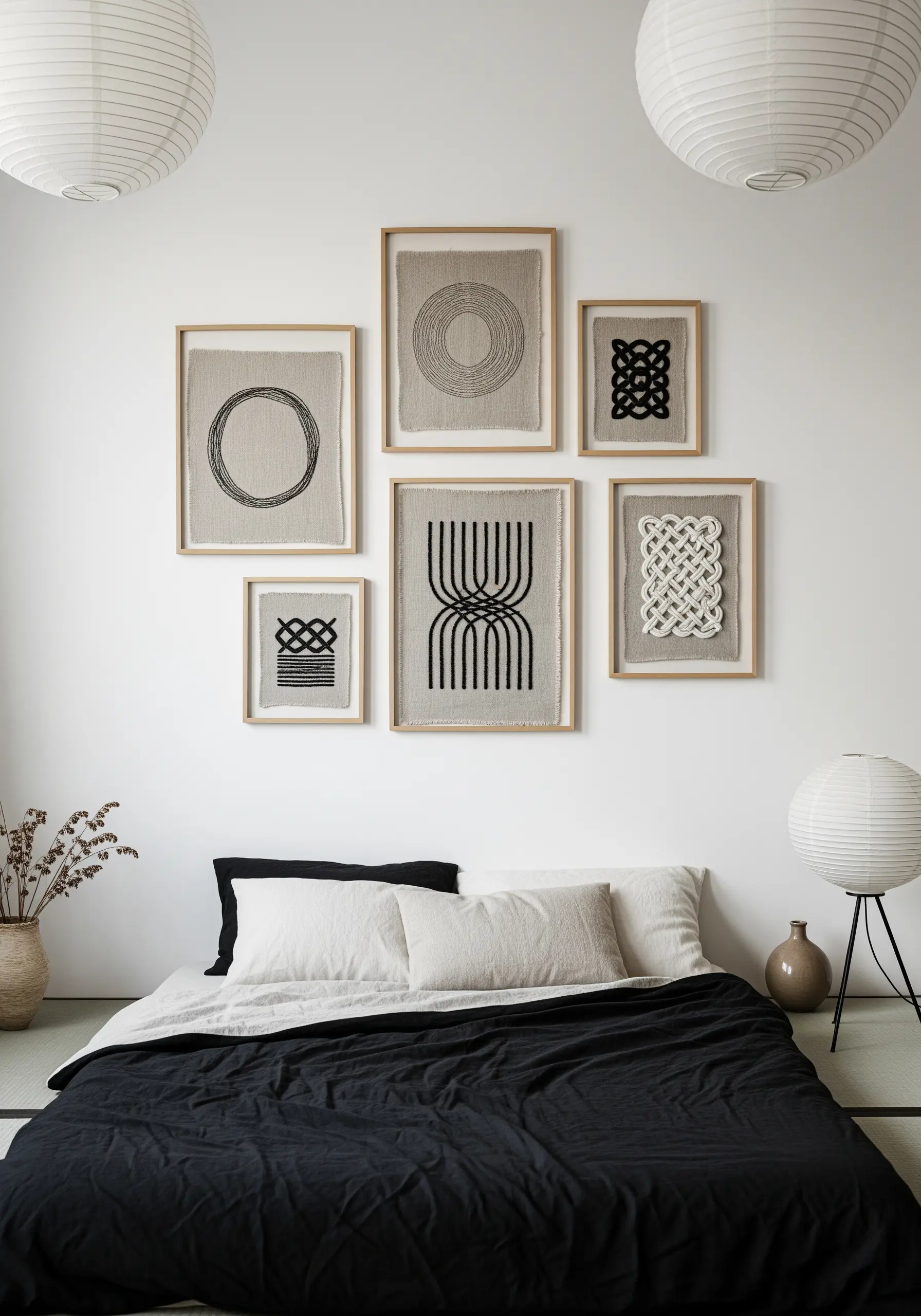 A gallery wall of framed abstract embroidery in neutral and black tones.
