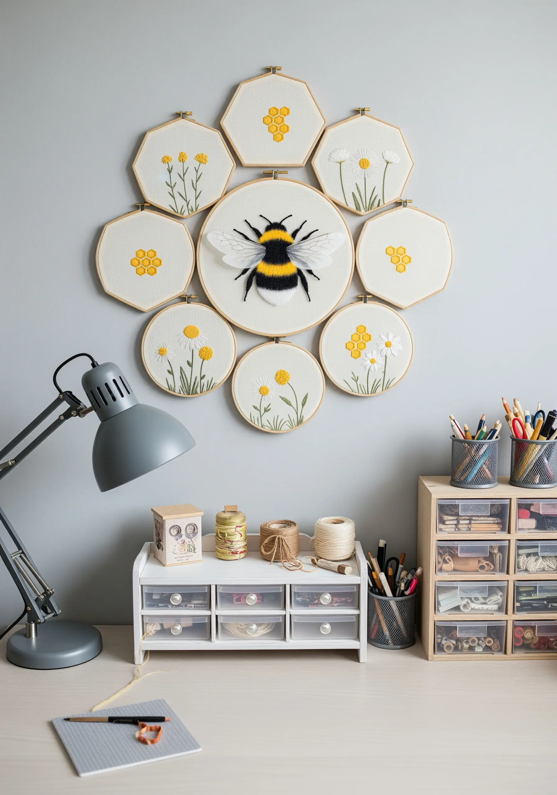 A gallery wall of nine hoops with a central bee and smaller floral motifs.