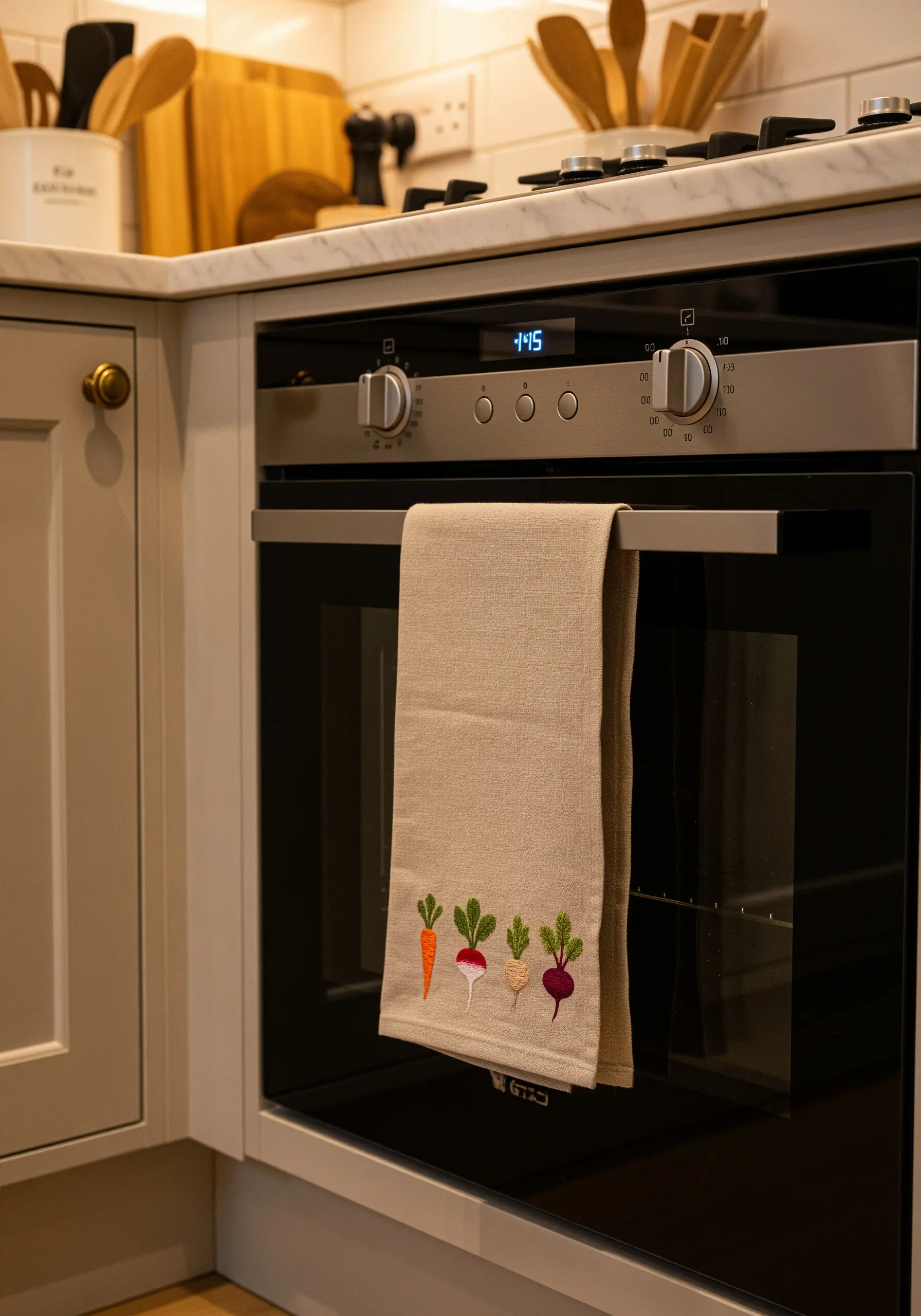A row of embroidered vegetables—carrot, radish, turnip, beet—on a linen tea towel.