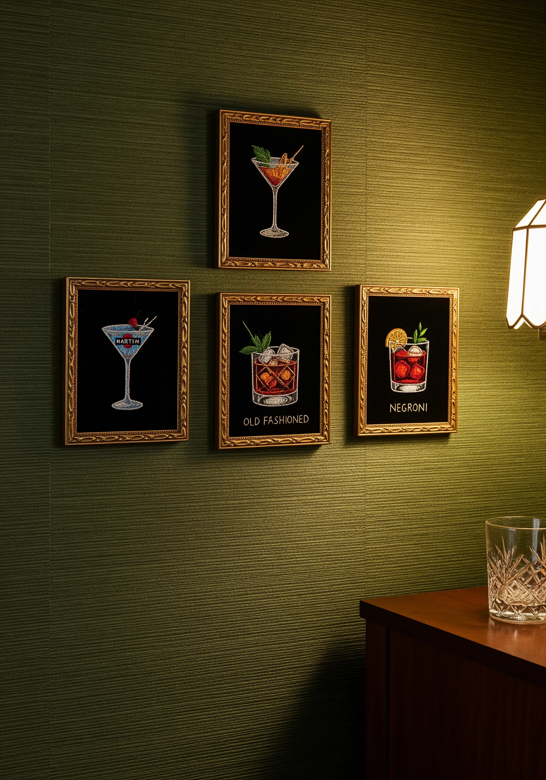 A gallery of four embroidered cocktails in ornate gold frames on a dark green wall.