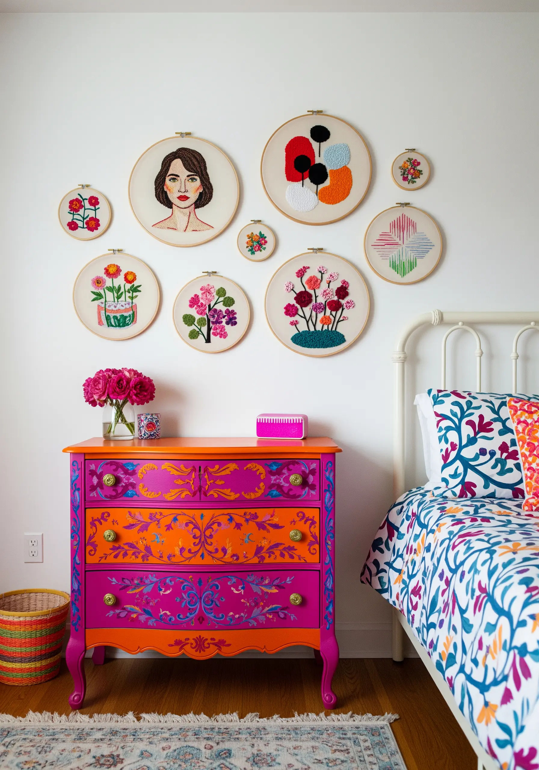 A curated gallery wall of embroidery hoops with modern floral and abstract art.