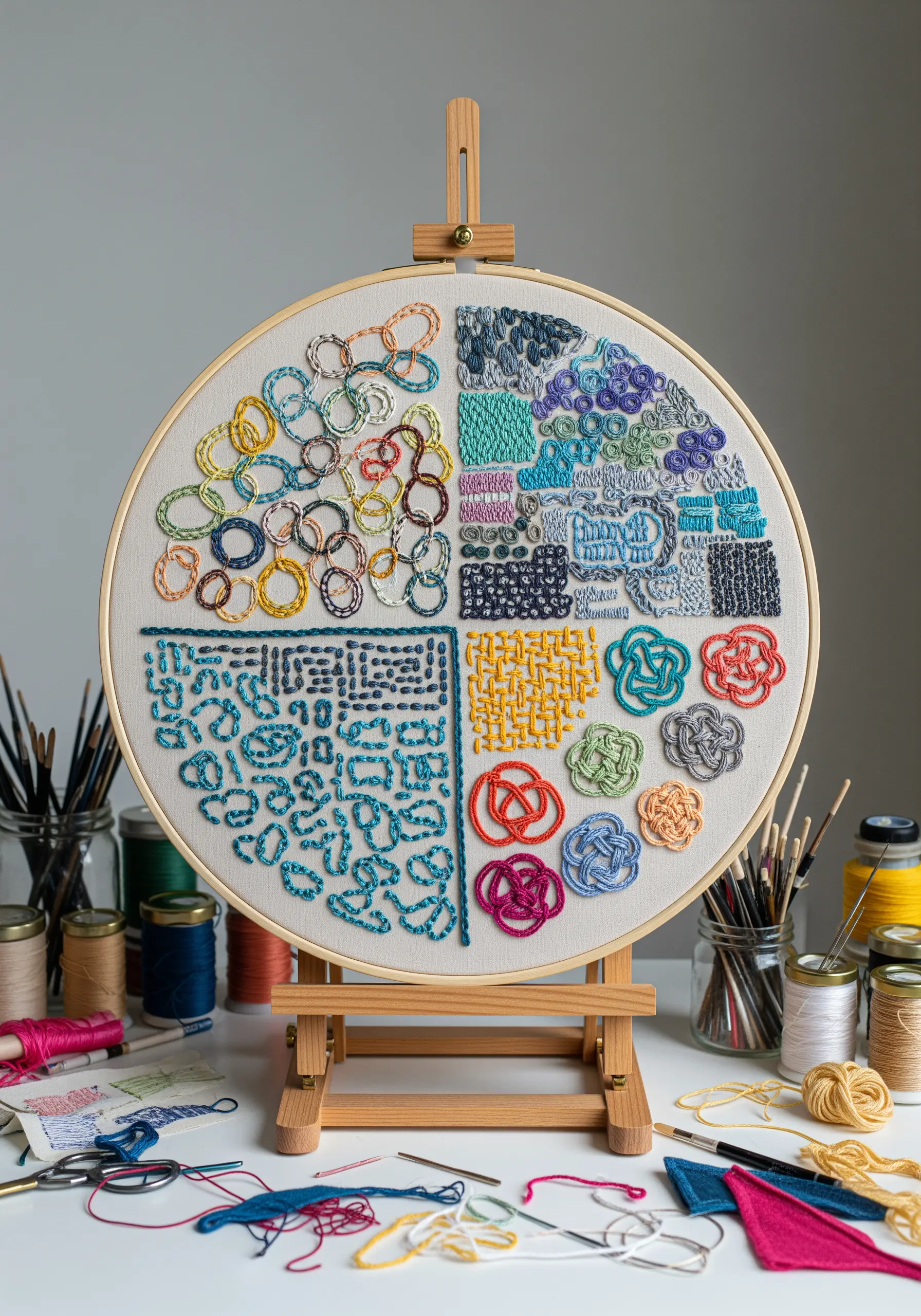 A large embroidery hoop divided into four sections, each filled with different abstract stitch samplers.
