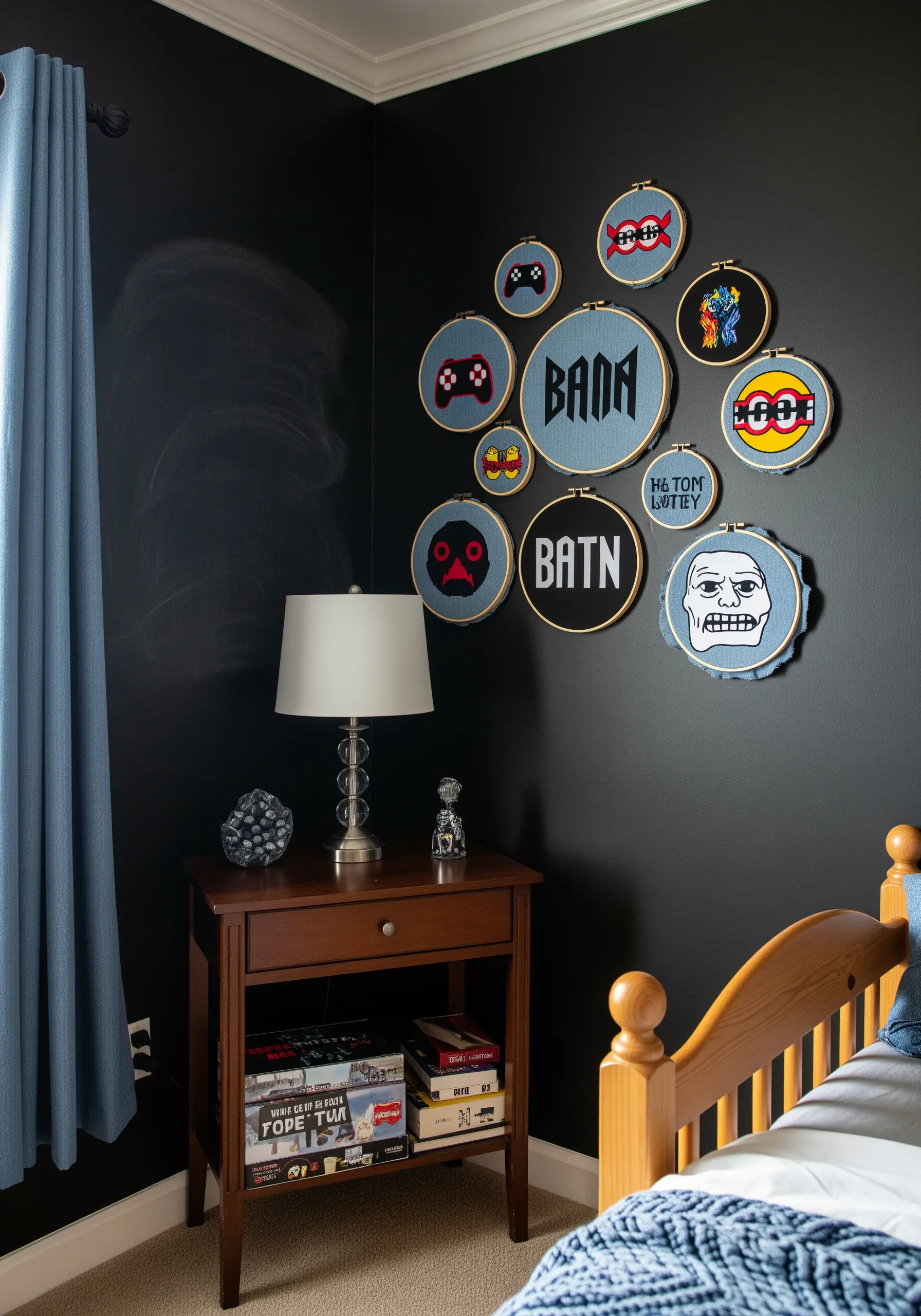 A gallery wall of embroidery hoops featuring various video game and pop culture symbols on blue fabric.