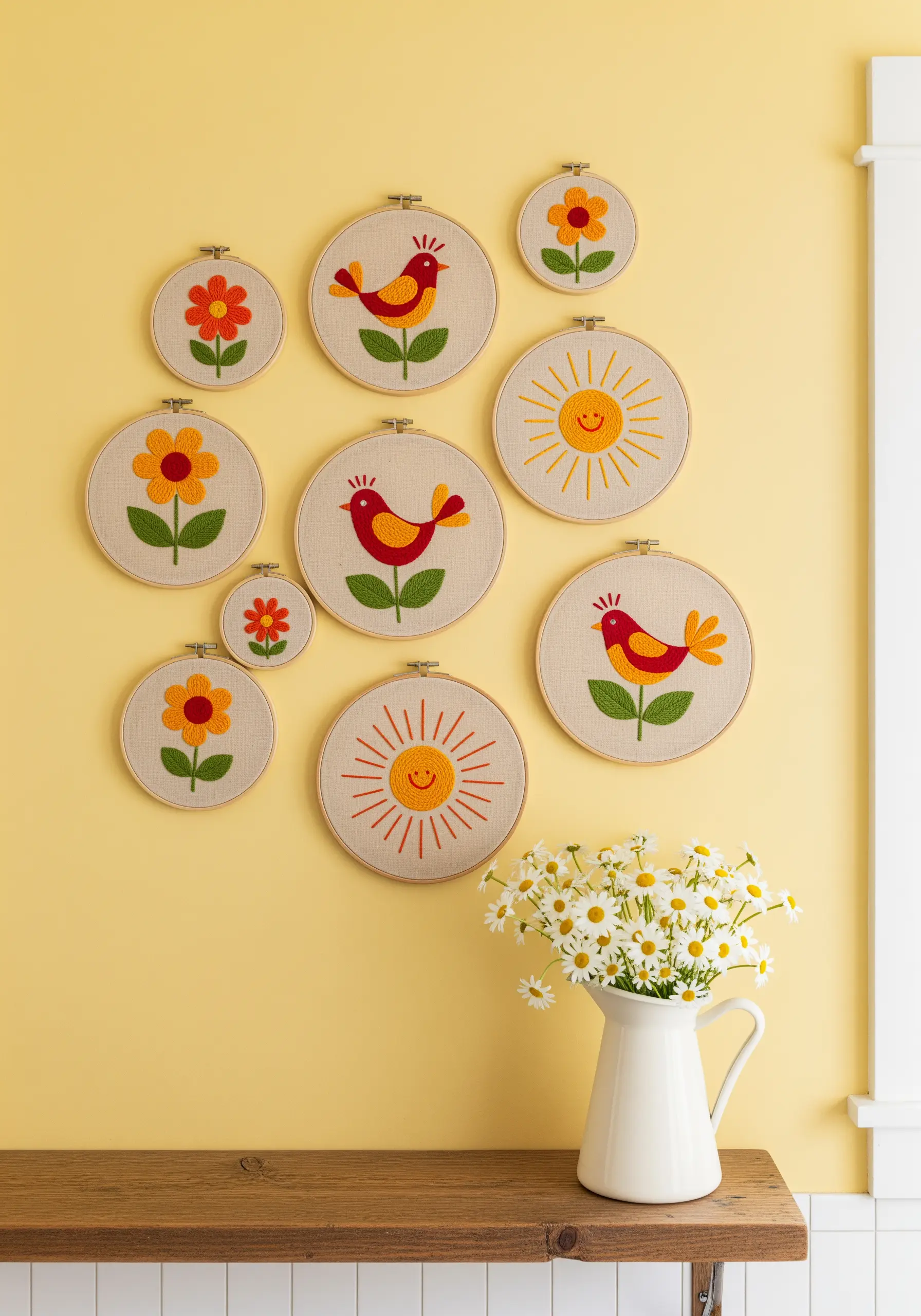 A gallery wall of nine embroidery hoops with retro birds, suns, and flowers.