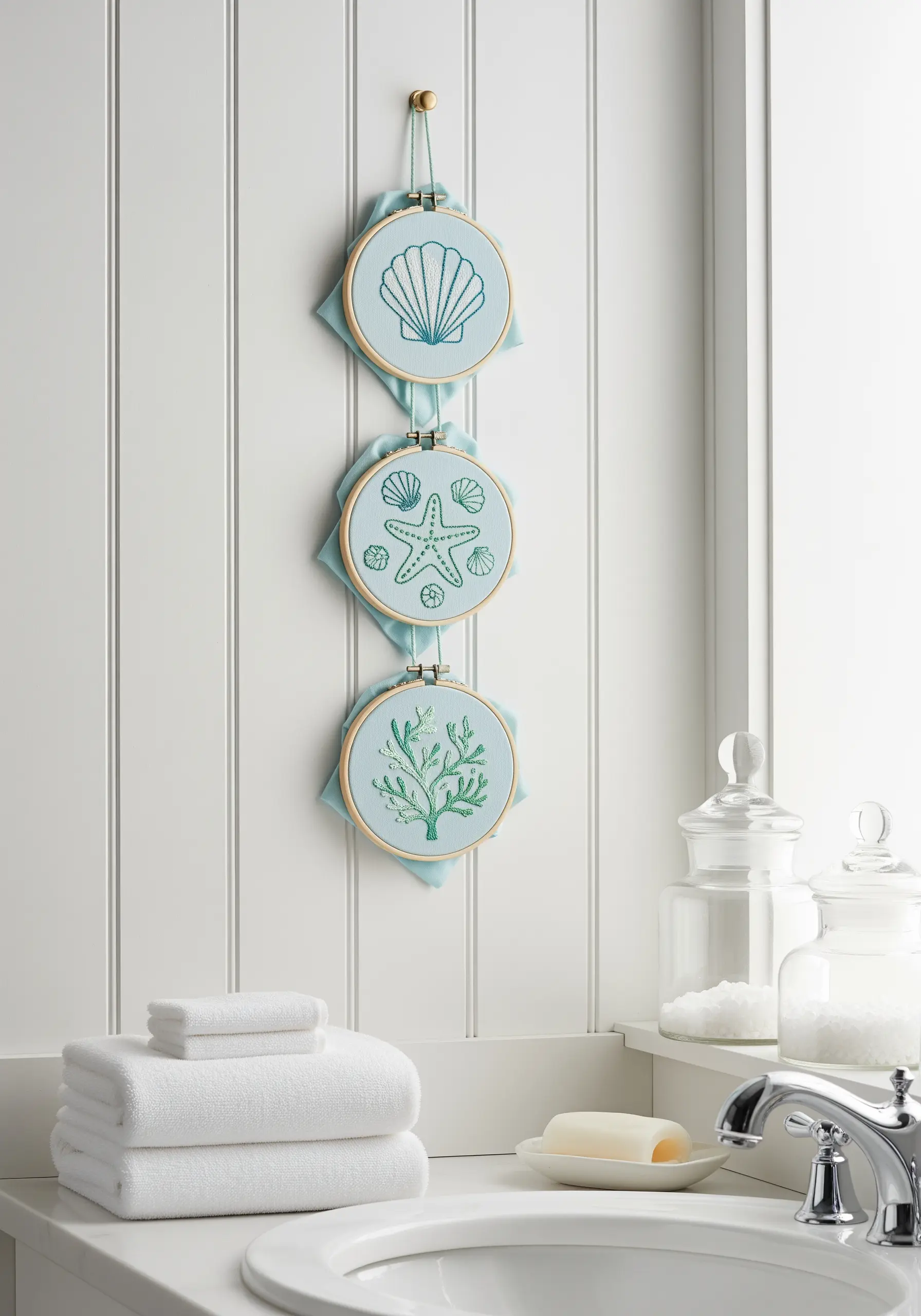 Three small hoops with seashell and seaweed motifs in pale aqua colors.