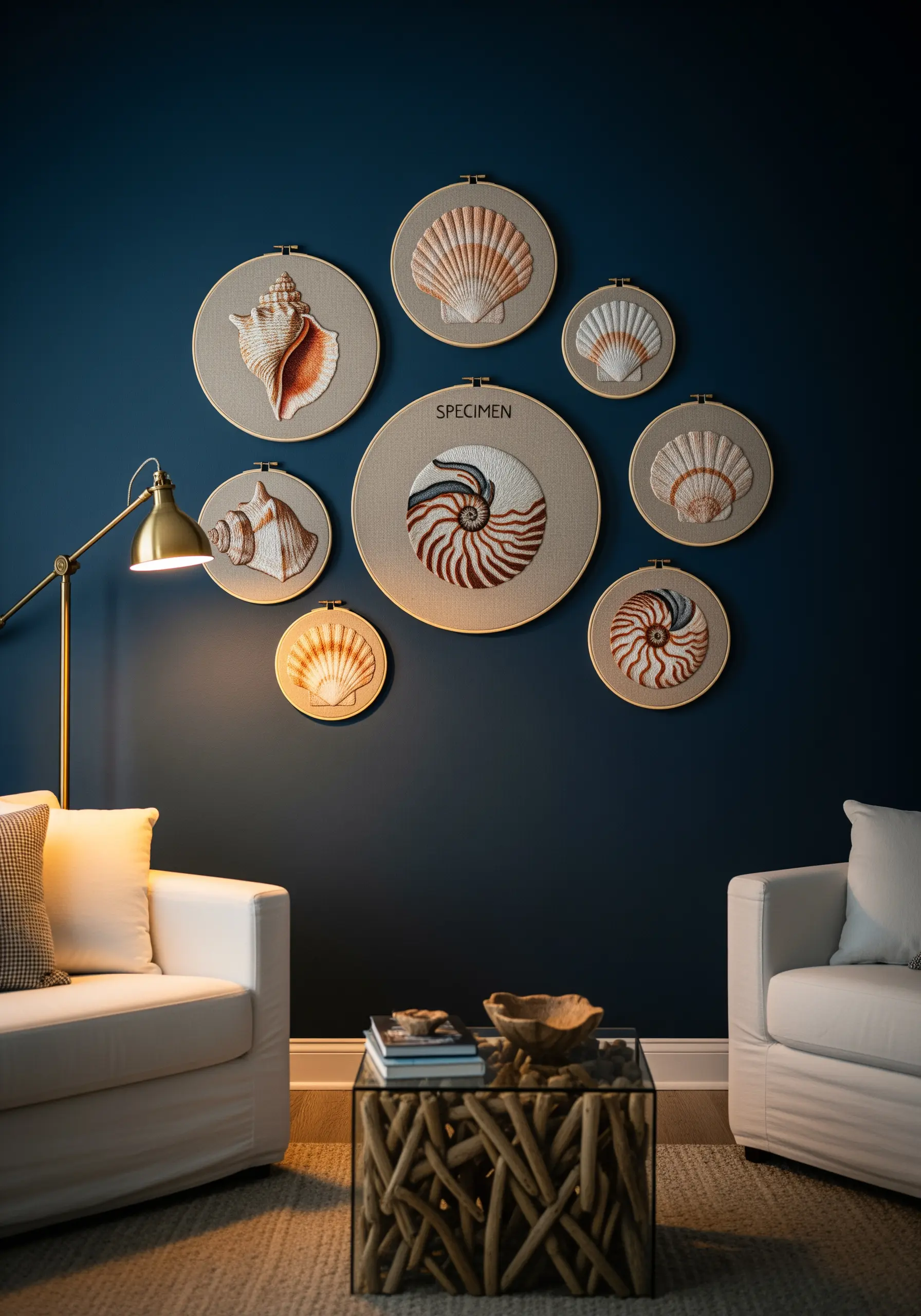A collection of embroidered seashells in various sized hoops on a dark wall.