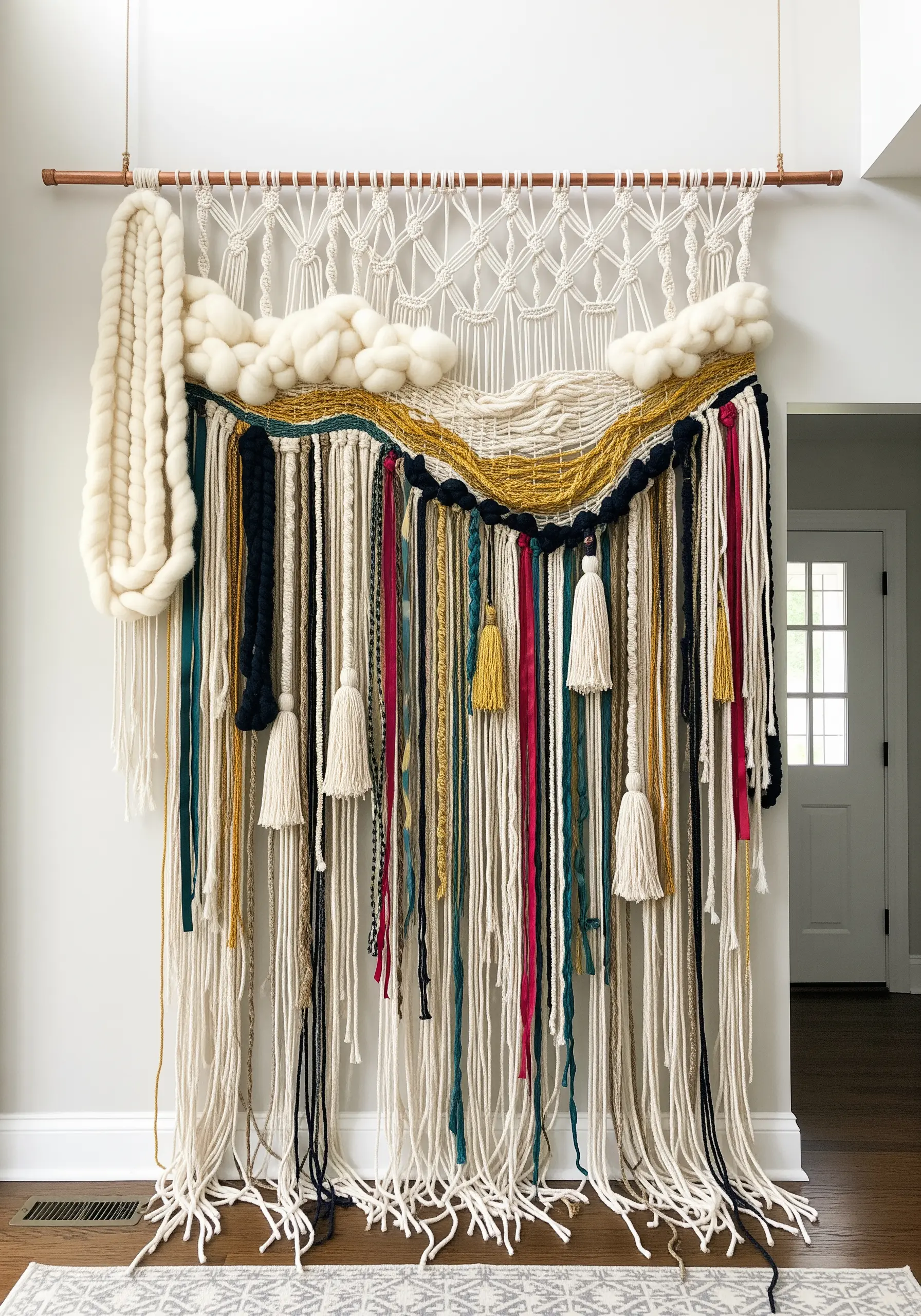 Eclectic woven wall hanging with macrame, tassels, velvet ribbon, and chunky wool roving.