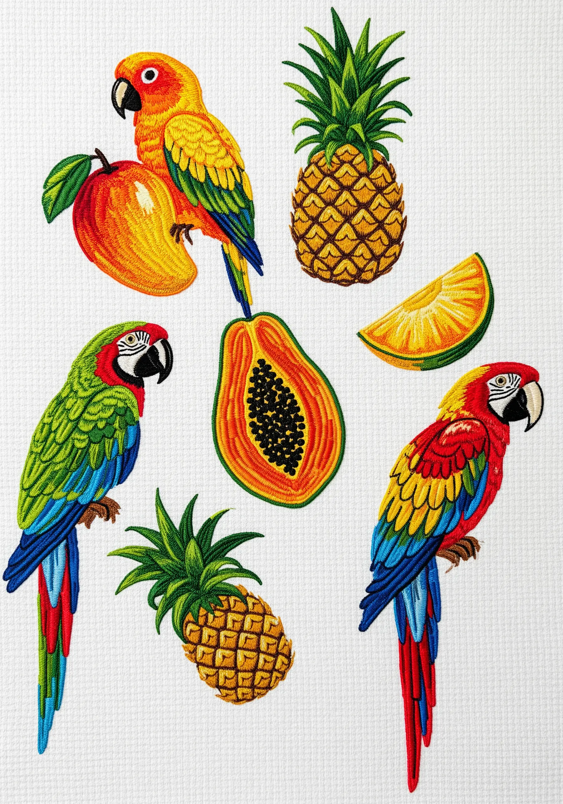 A collection of individual embroidered patches featuring parrots and tropical fruits.