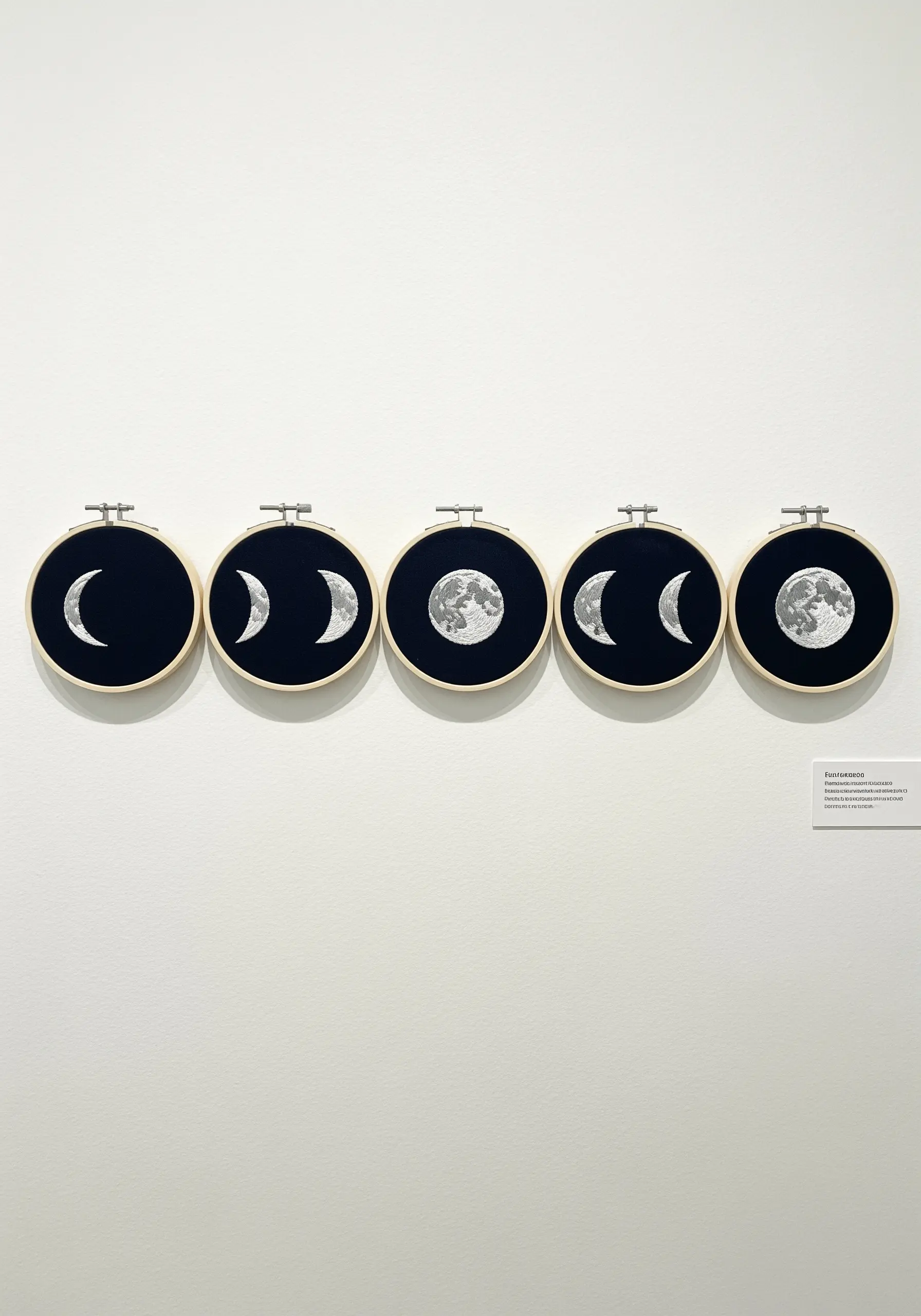 A gallery wall display of five embroidery hoops showing the different phases of the moon in white on black.