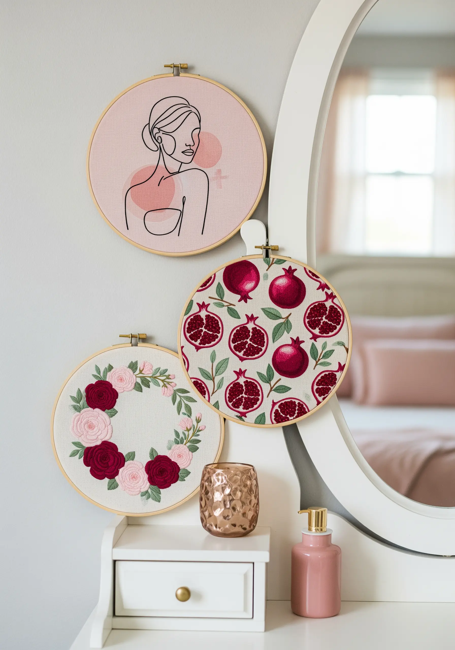 Three embroidery hoops near a vanity mirror: one with line art, one with a floral wreath, and one with a pomegranate fabric.