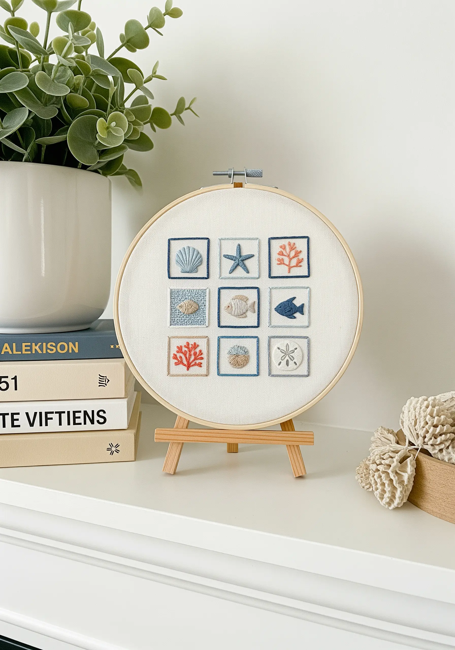 An embroidery hoop with a nine-square grid of tiny sea motifs like a shell, starfish, and coral.