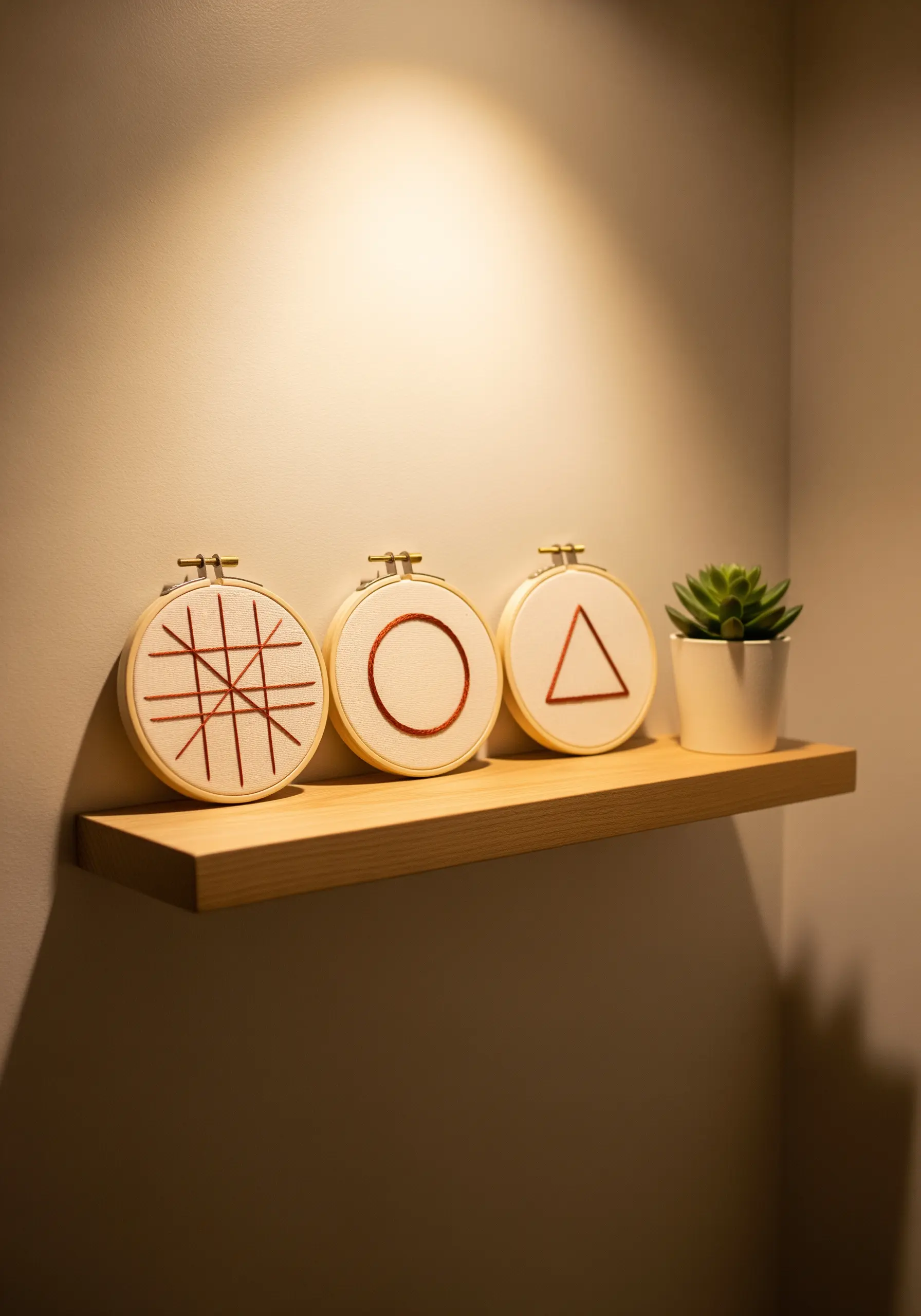 Three small embroidery hoops with geometric shapes in rust-colored thread.