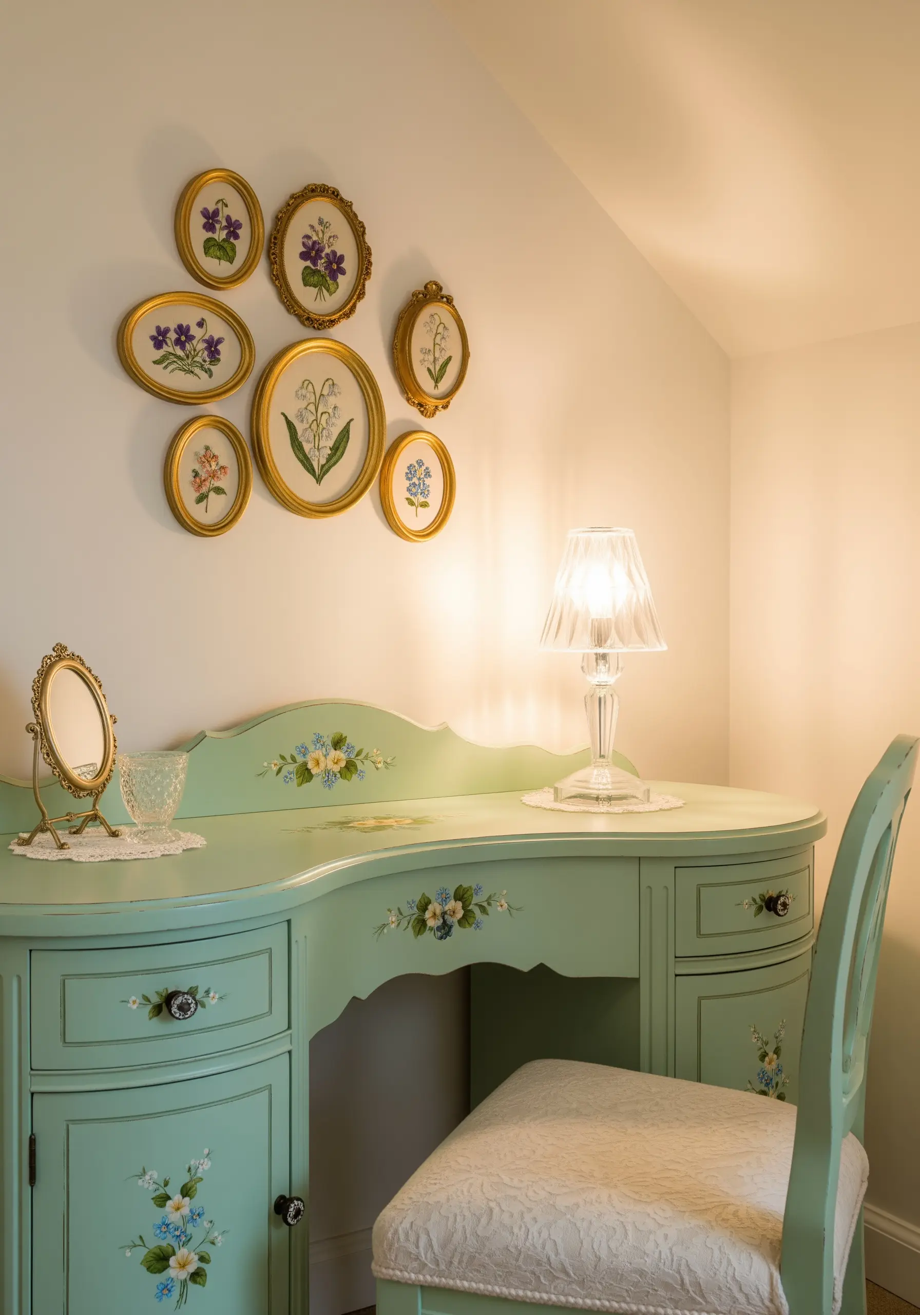 A gallery wall of seven vintage oval gold frames with different embroidered wildflowers.
