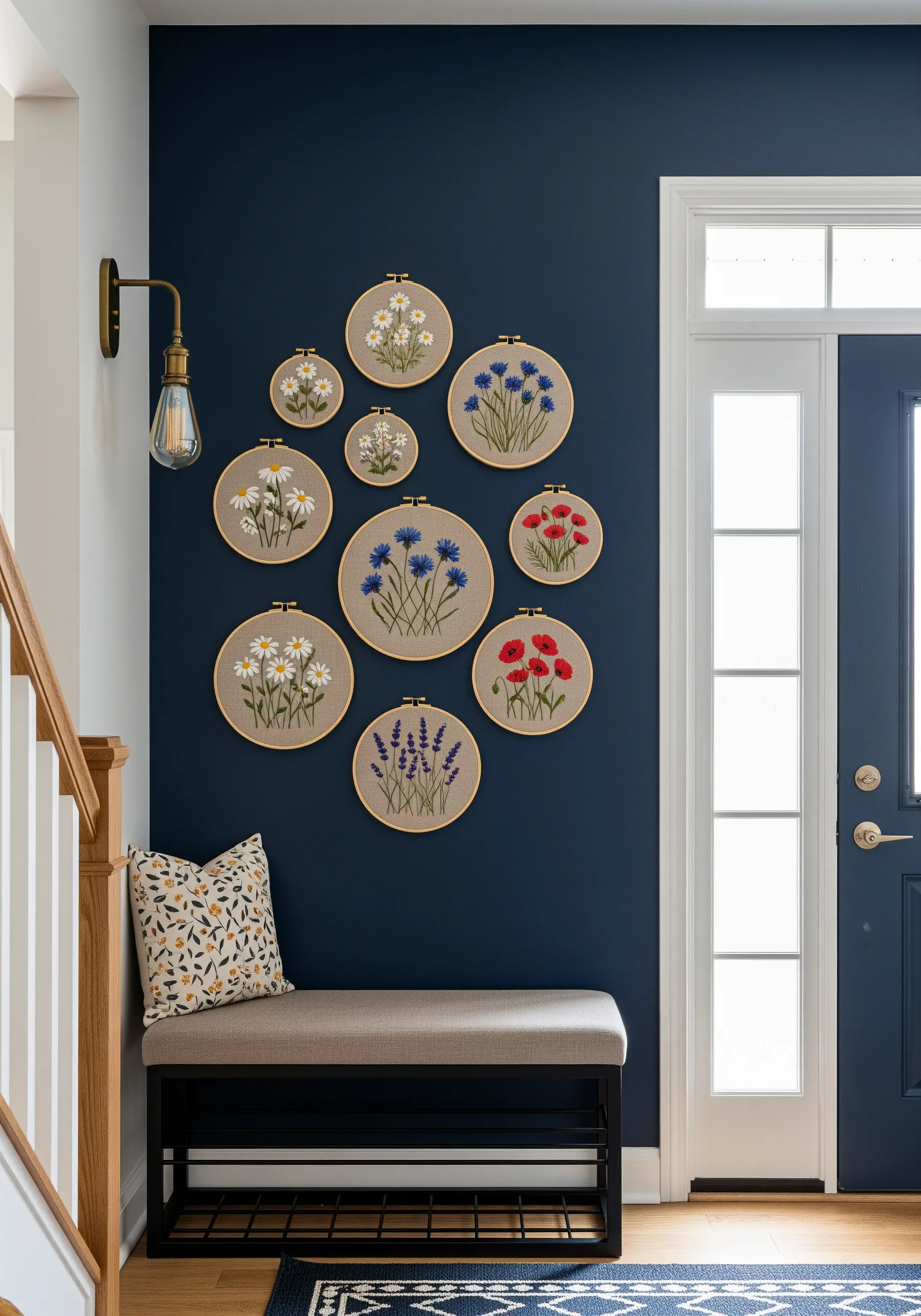 A gallery wall of nine embroidery hoops with different wildflowers on a dark blue wall.