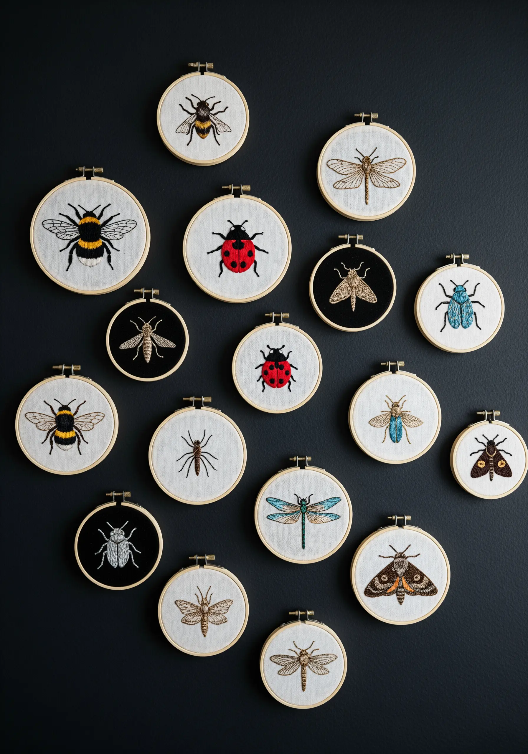 A large collection of embroidery hoops, each featuring a different stitched insect.