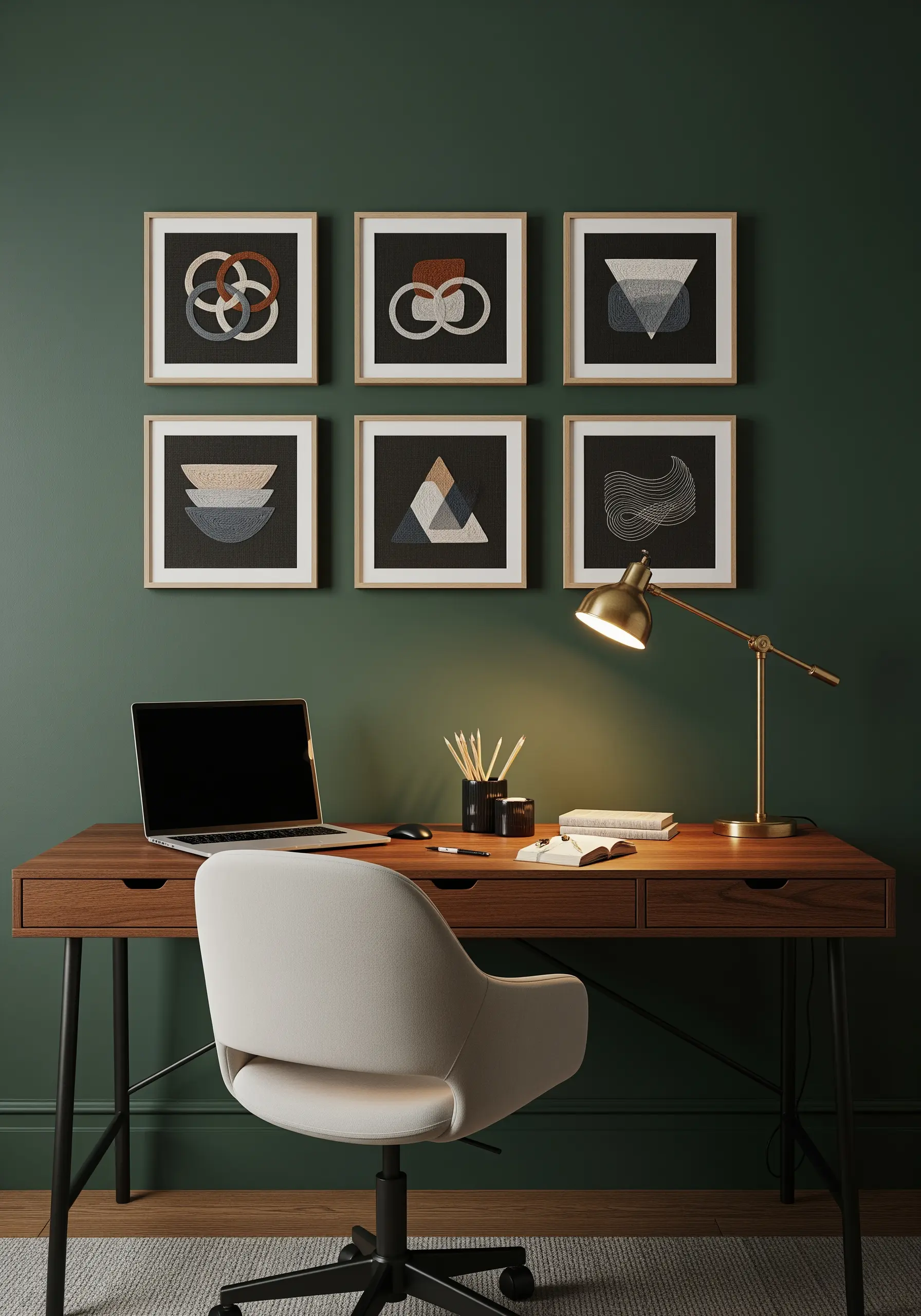 A gallery wall of six framed geometric embroidery pieces in muted colors.