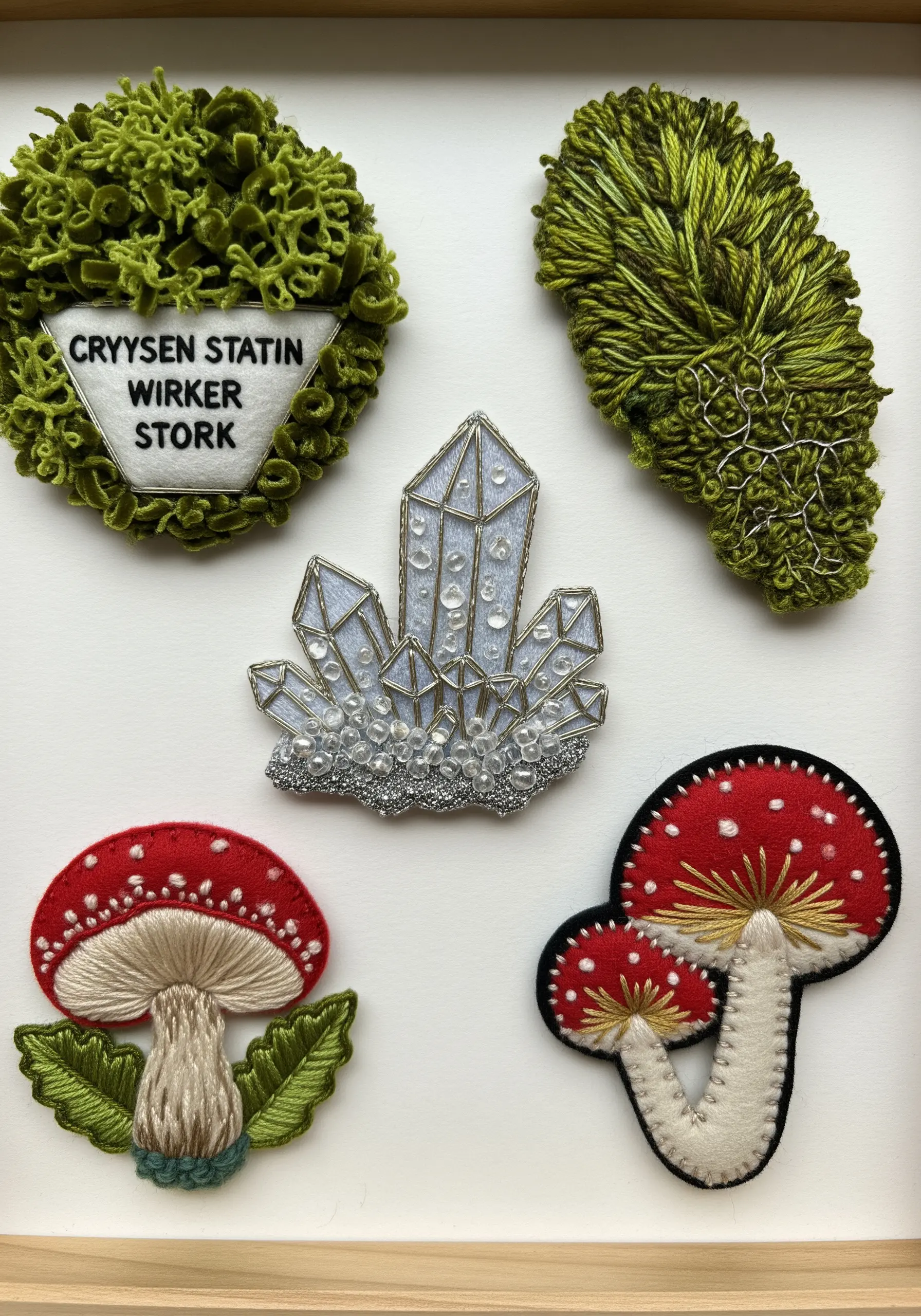 A collection of embroidered patches and brooches, including mushrooms, crystals, and moss.