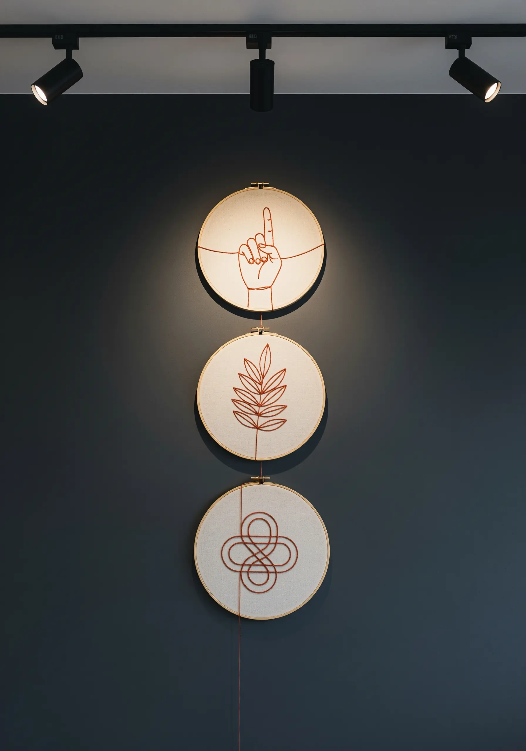 A set of three embroidery hoops with single-line designs linked by a red thread.