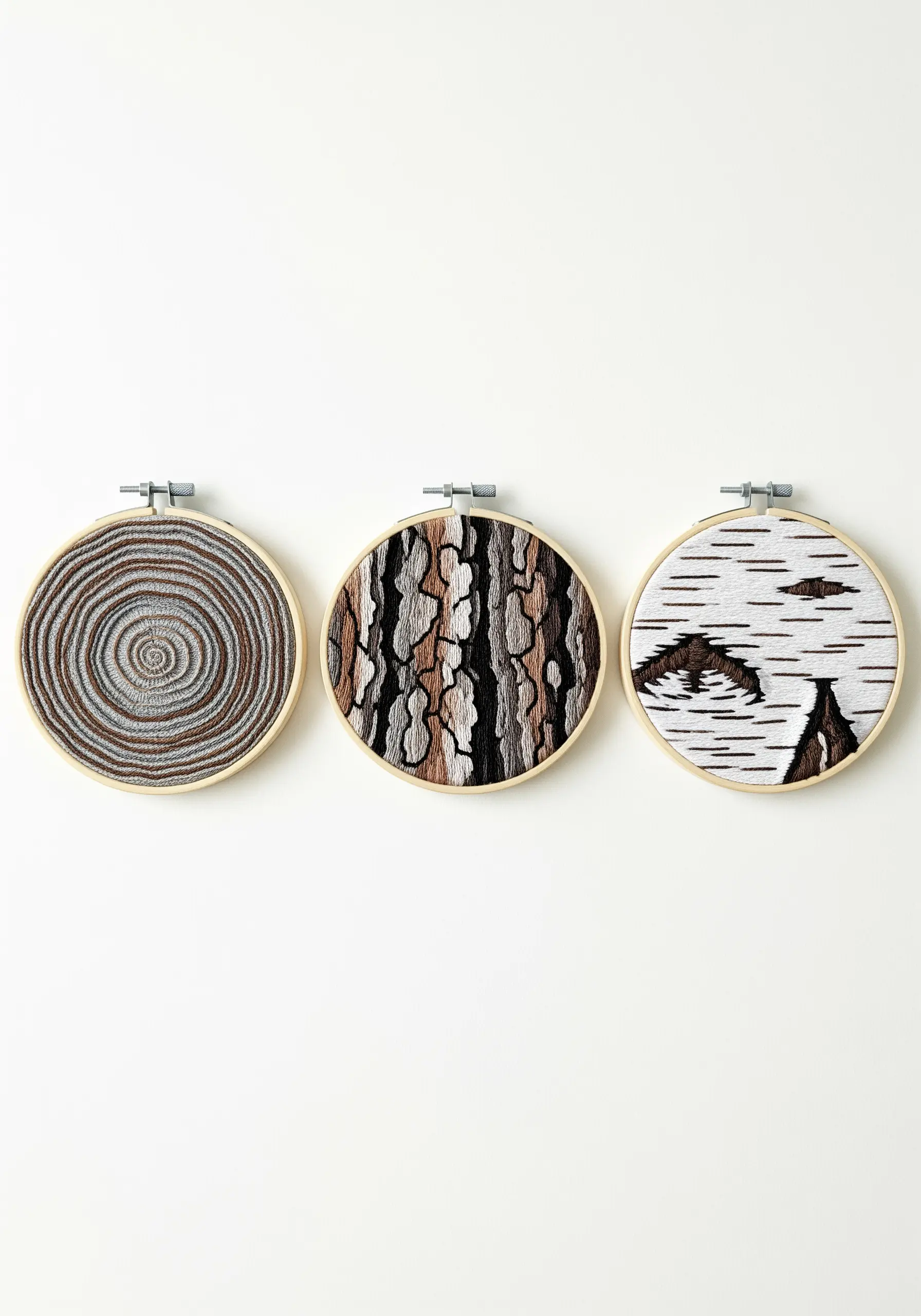 A triptych of three embroidery hoops, each showing a different tree bark or ring texture.