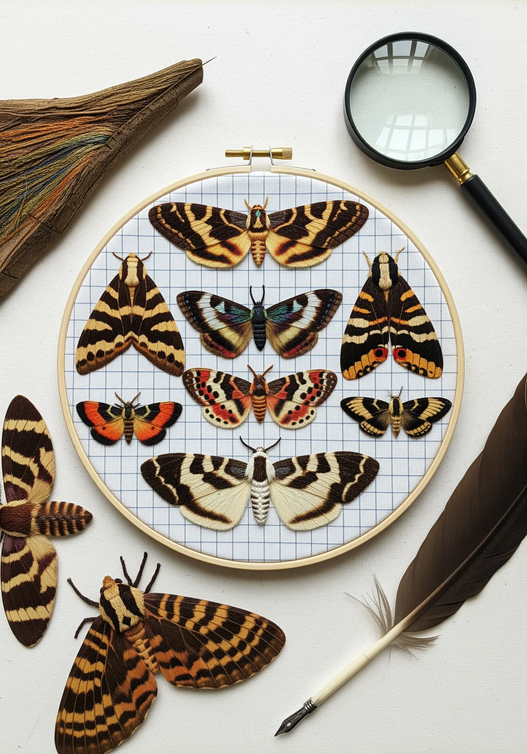 An embroidery hoop displaying a collection of various moth species, arranged like a specimen box.
