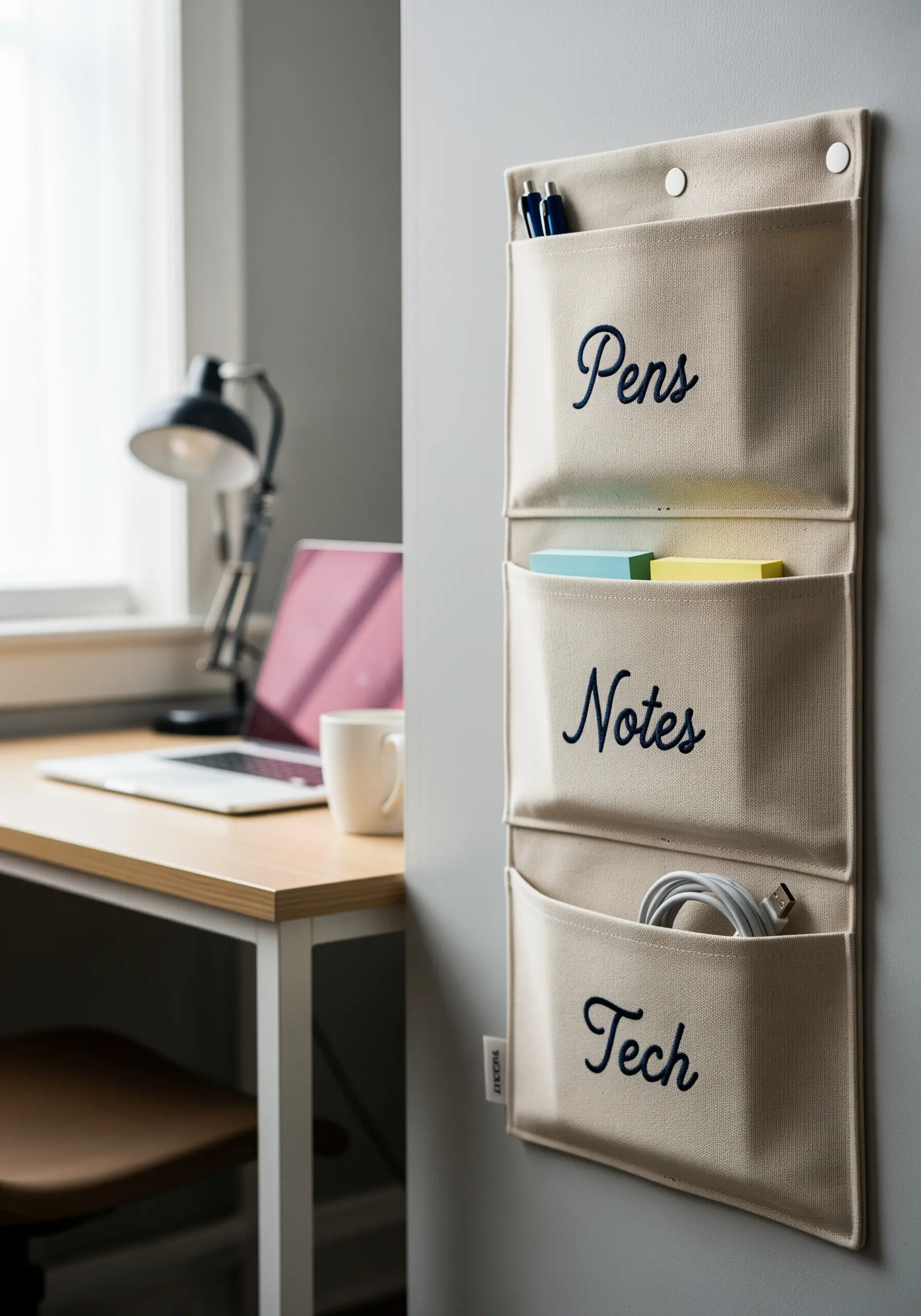 Hanging canvas wall organizer with pockets labeled Pens, Notes, and Tech in embroidered script