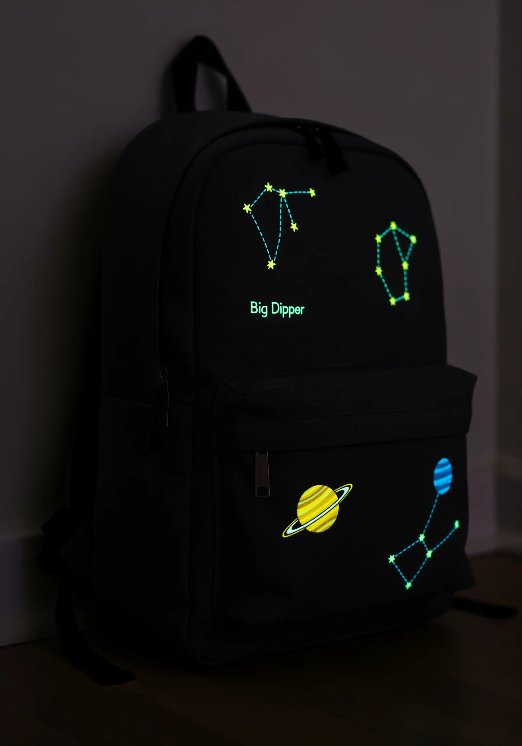 Backpack decorated with planets and constellations stitched in glow-in-the-dark thread.
