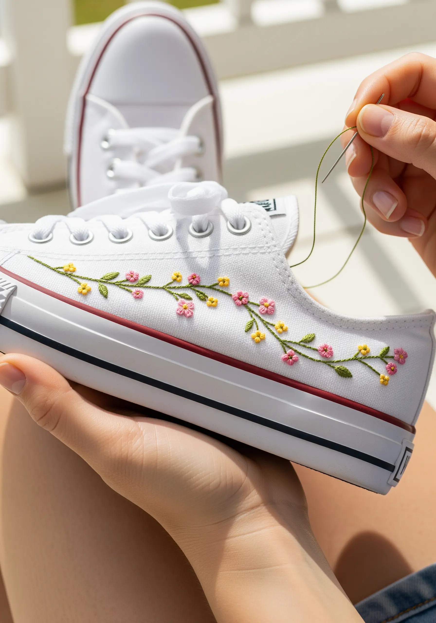A floral vine with yellow and pink flowers being embroidered onto the side of a white canvas sneaker.