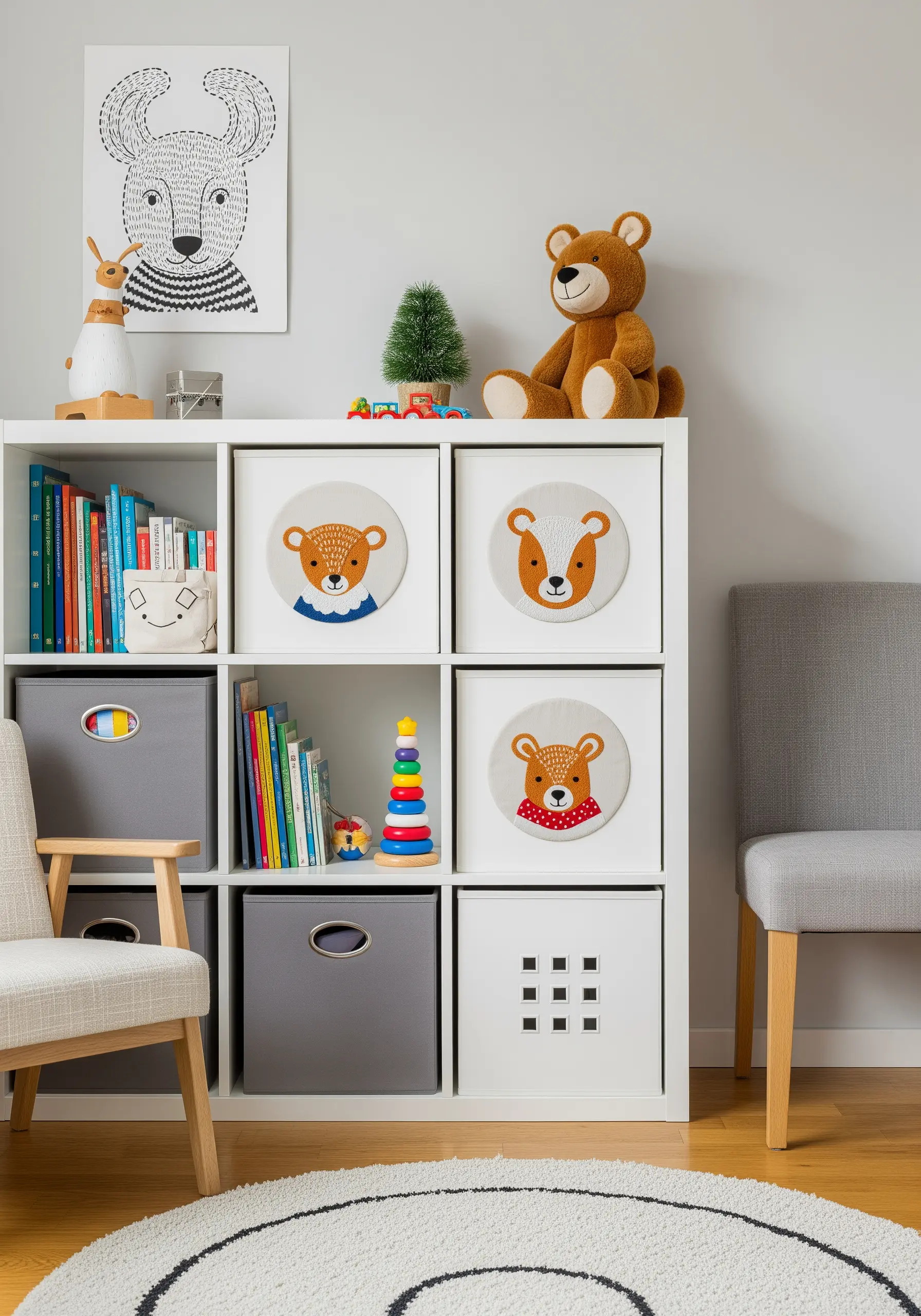 White cube shelving with several cubes filled with embroidery hoops featuring cute animal faces.