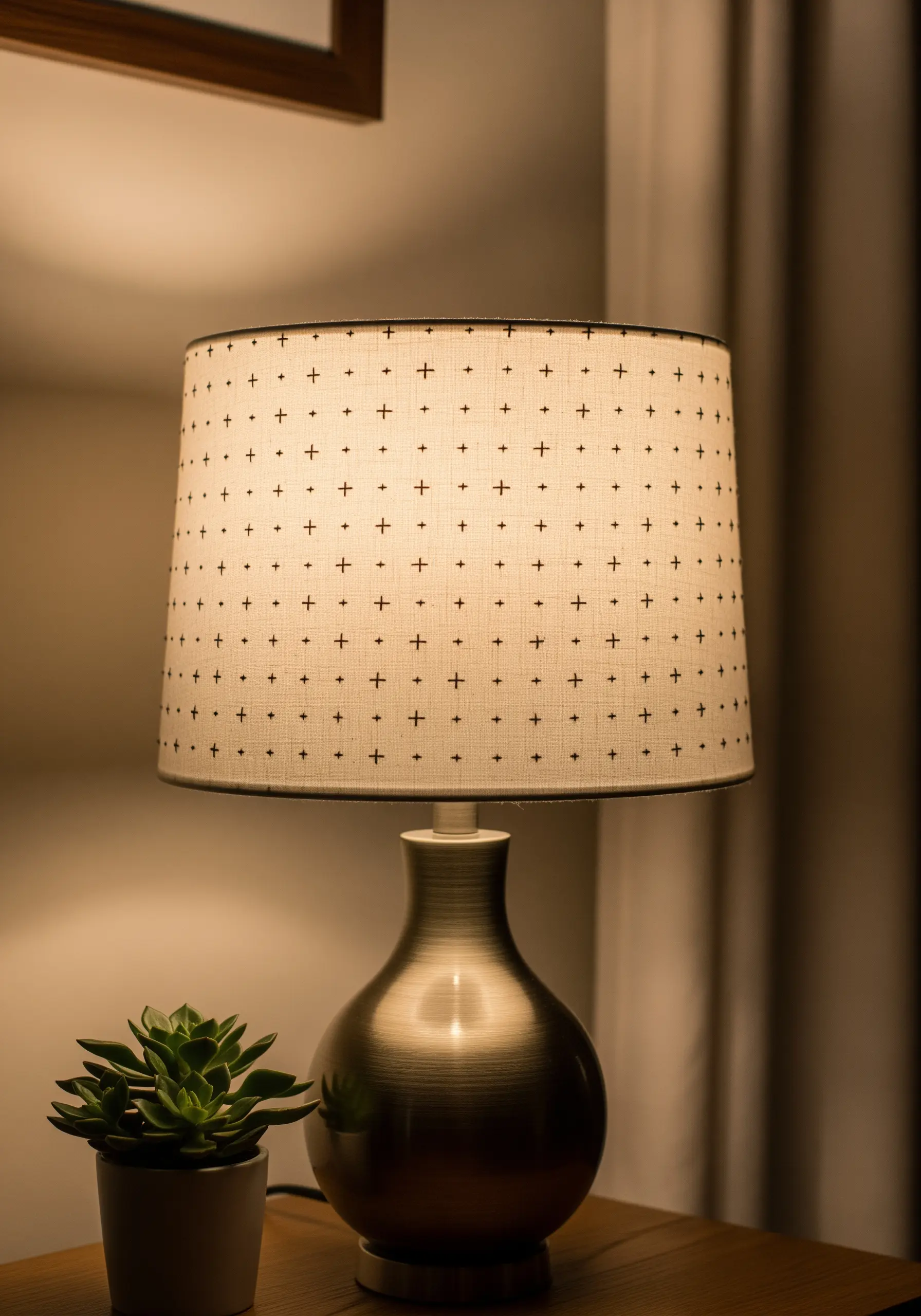 A linen lampshade embellished with a repeating pattern of small, black cross stitches.