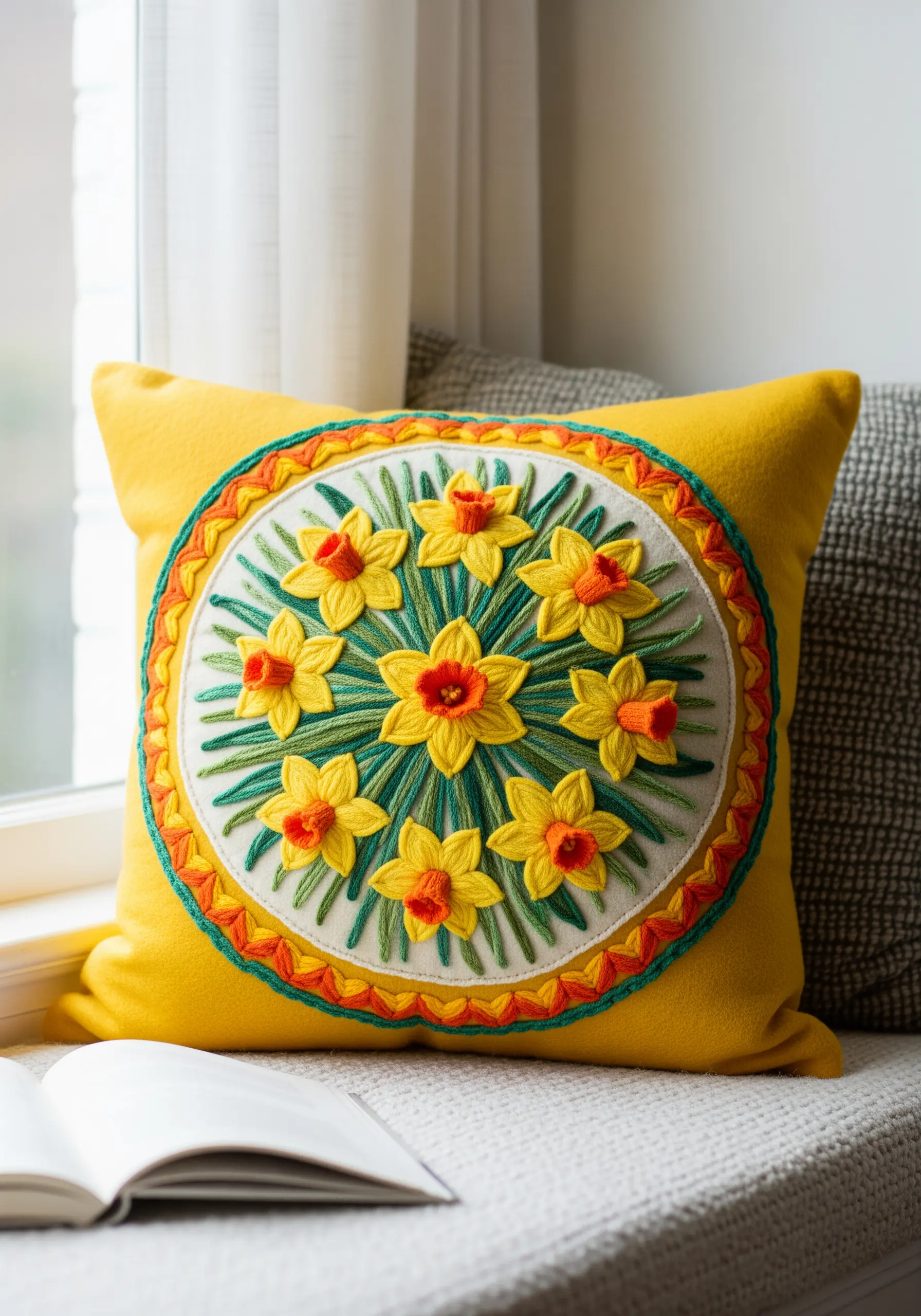 A circular mandala of embroidered yellow daffodils with orange centers.