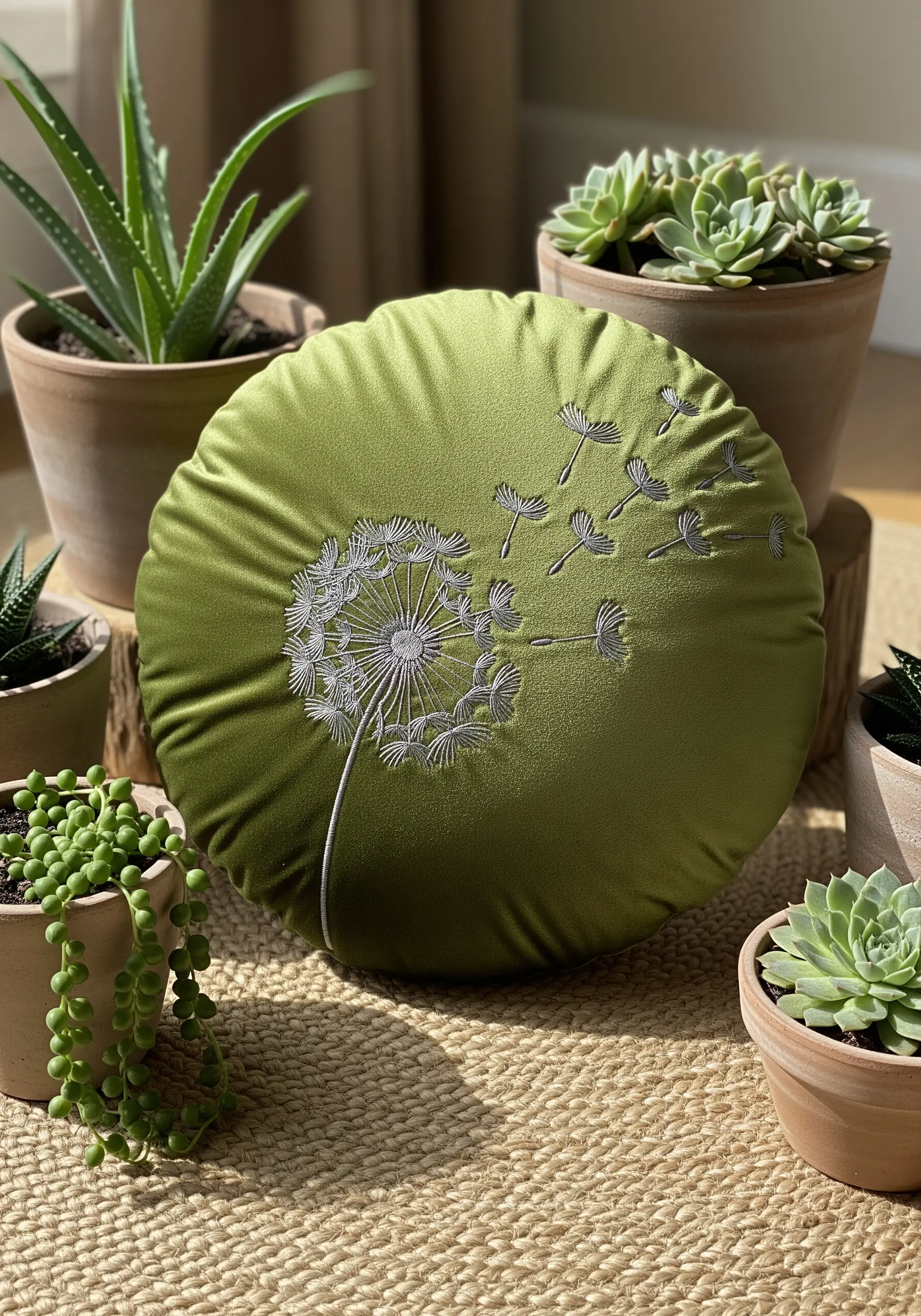 Silver dandelion embroidery on round green velvet pillow