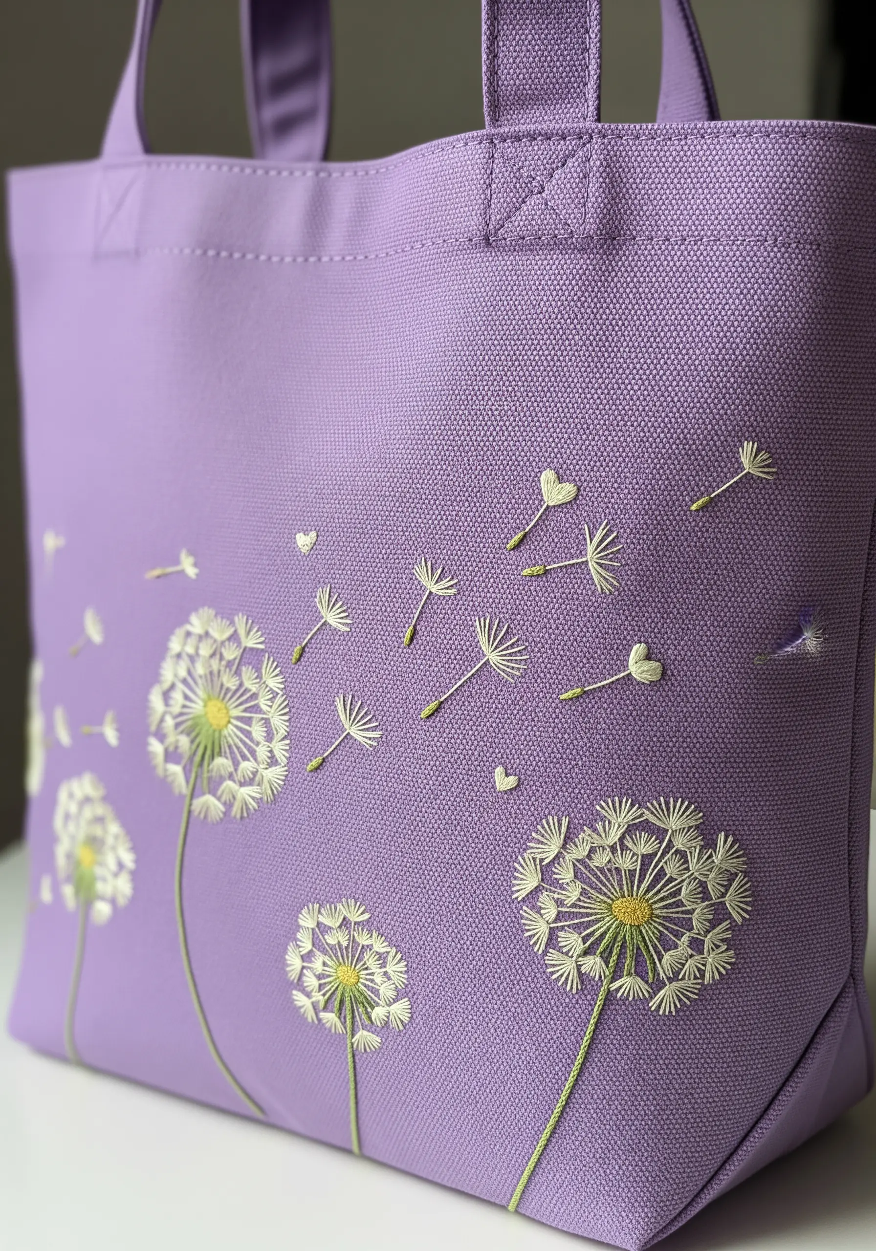 Embroidered dandelions with seeds blowing in the wind across a purple canvas tote bag.