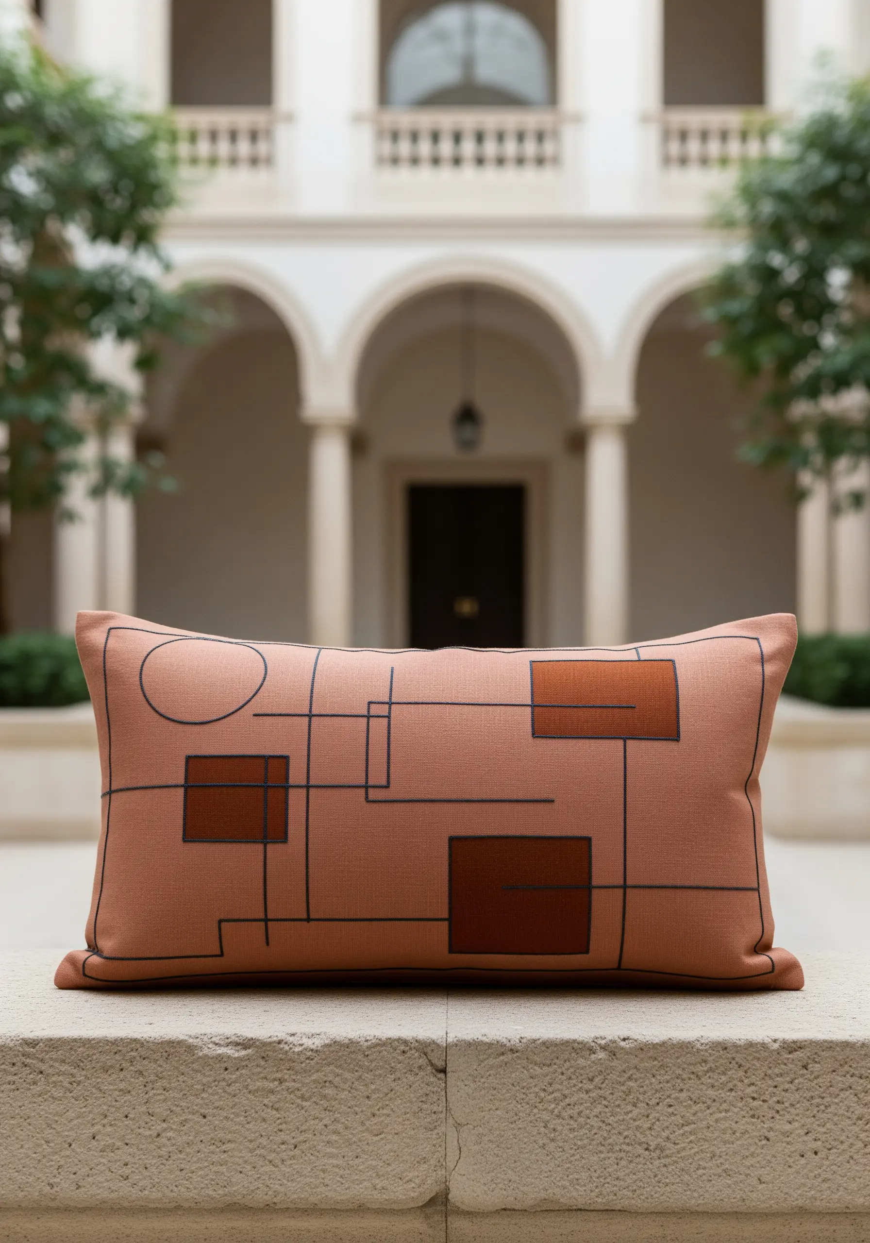 A Mondrian-inspired geometric design with black lines and filled shapes on a terracotta pillow.
