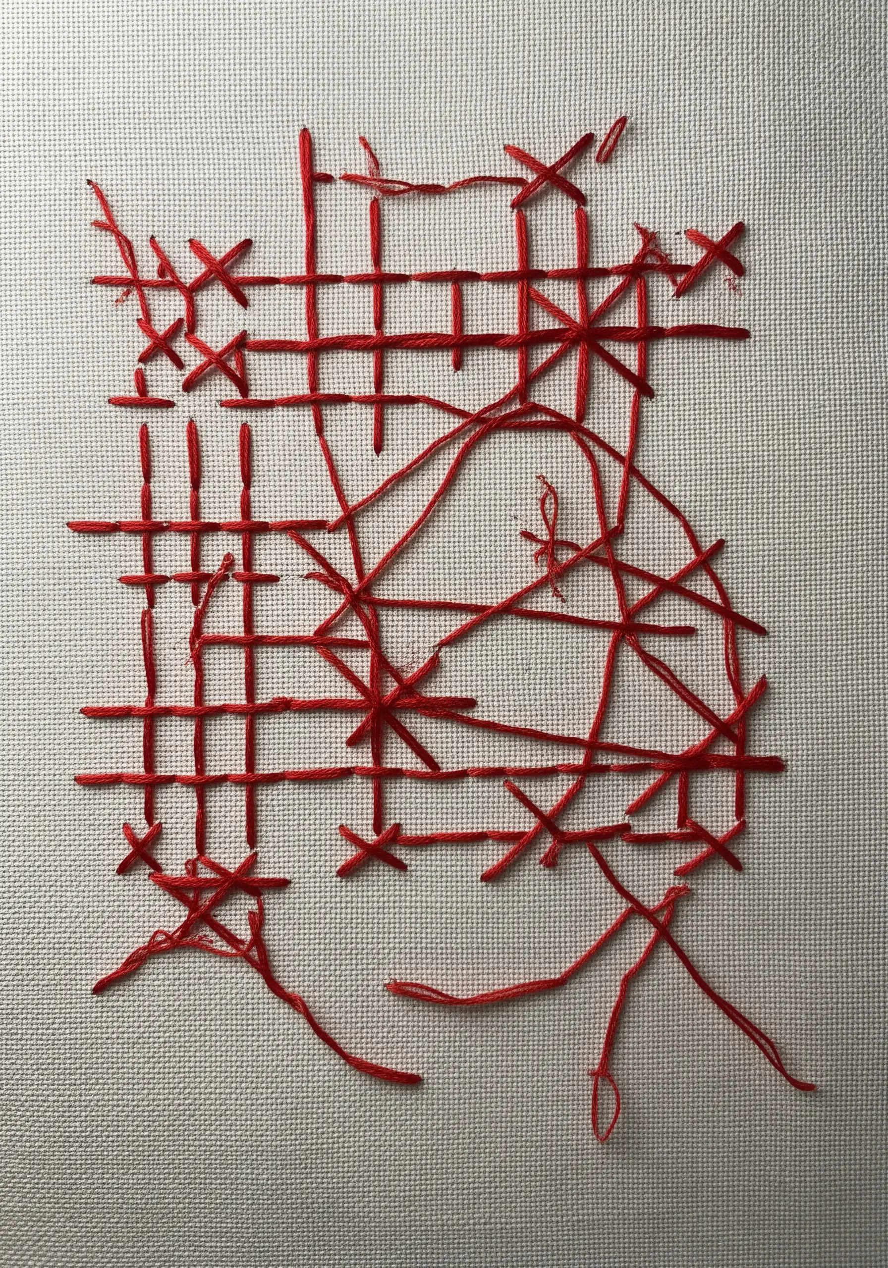 An abstract design of a deconstructed red grid, with intersecting lines and incomplete squares.