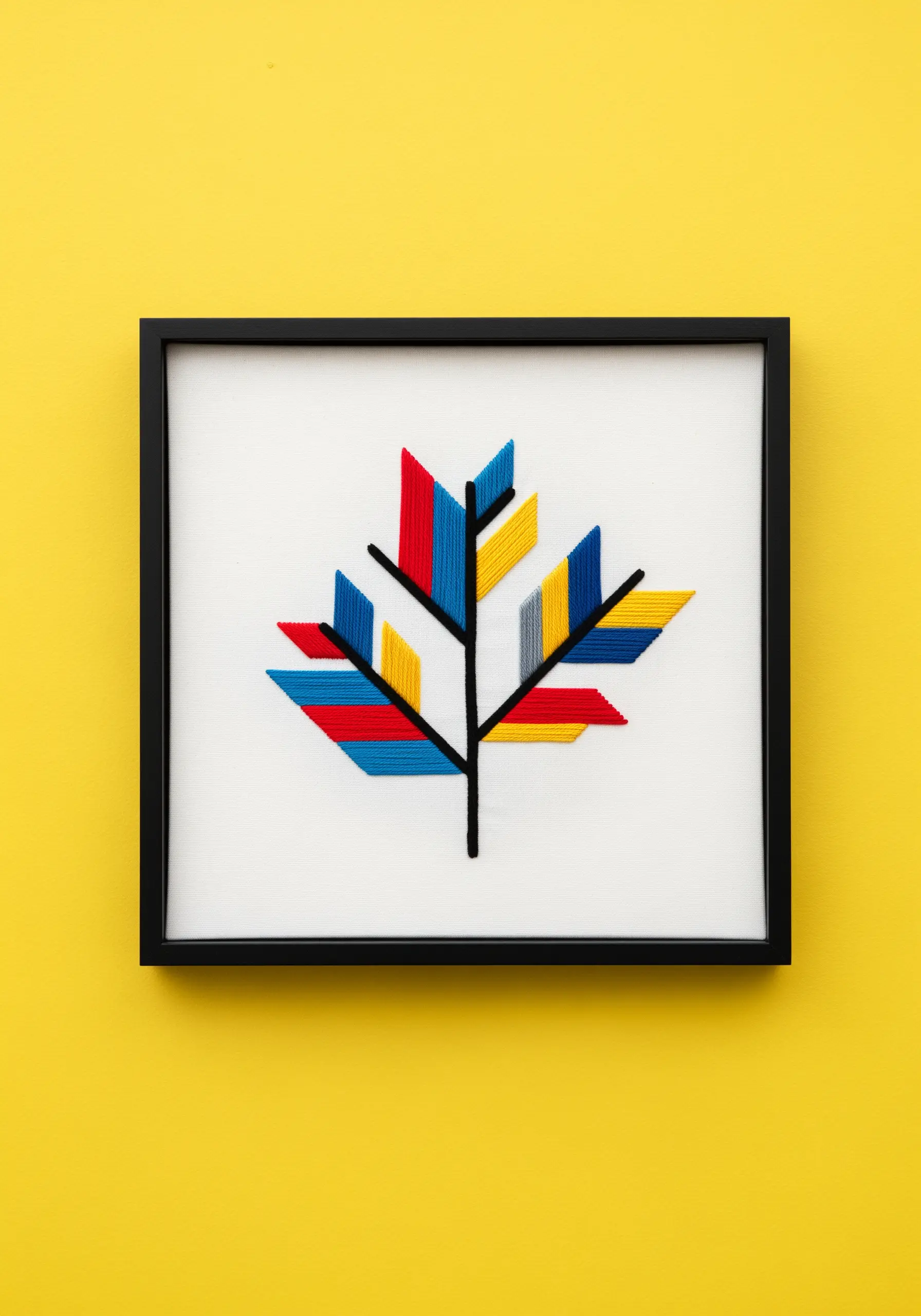 A framed, modern embroidery of a leaf filled with blocks of primary colors.