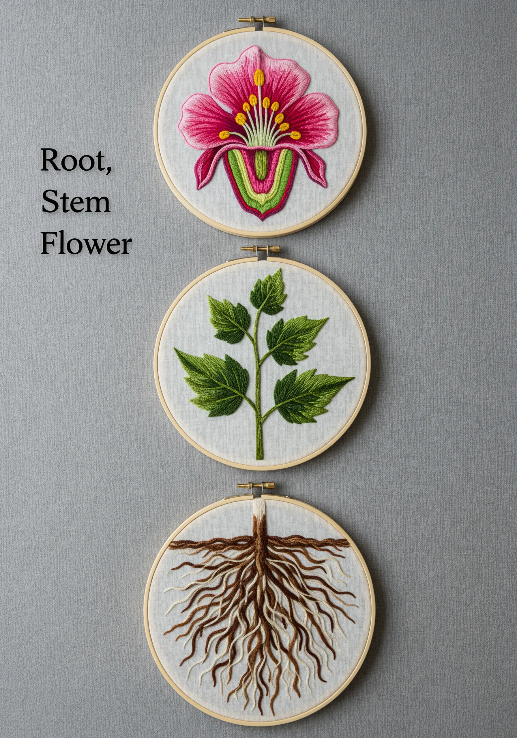 A botanical study triptych showing the root, stem, and flower of a plant separately.