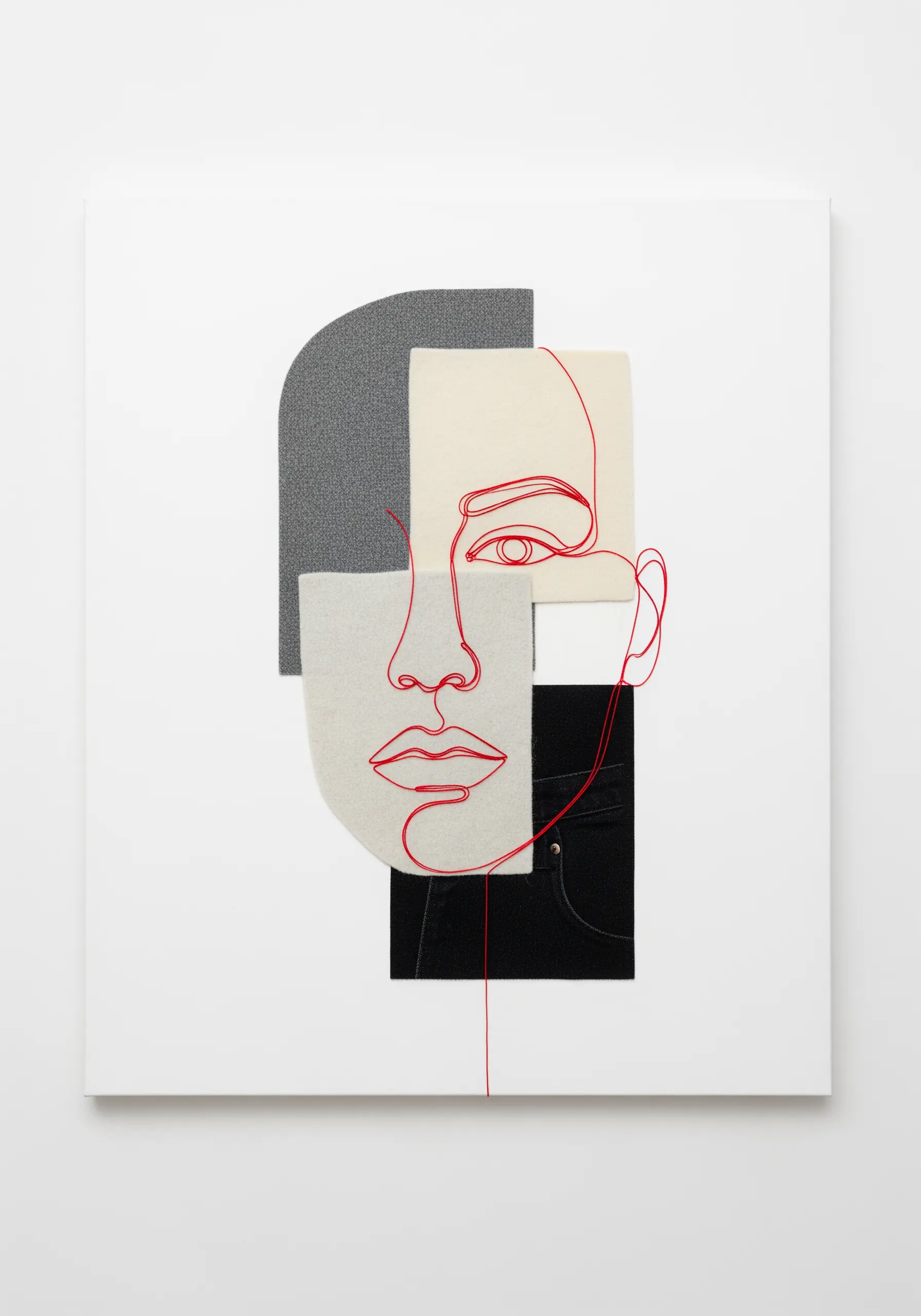 Abstract portrait combining fabric collage shapes with a single red thread for the facial outline.