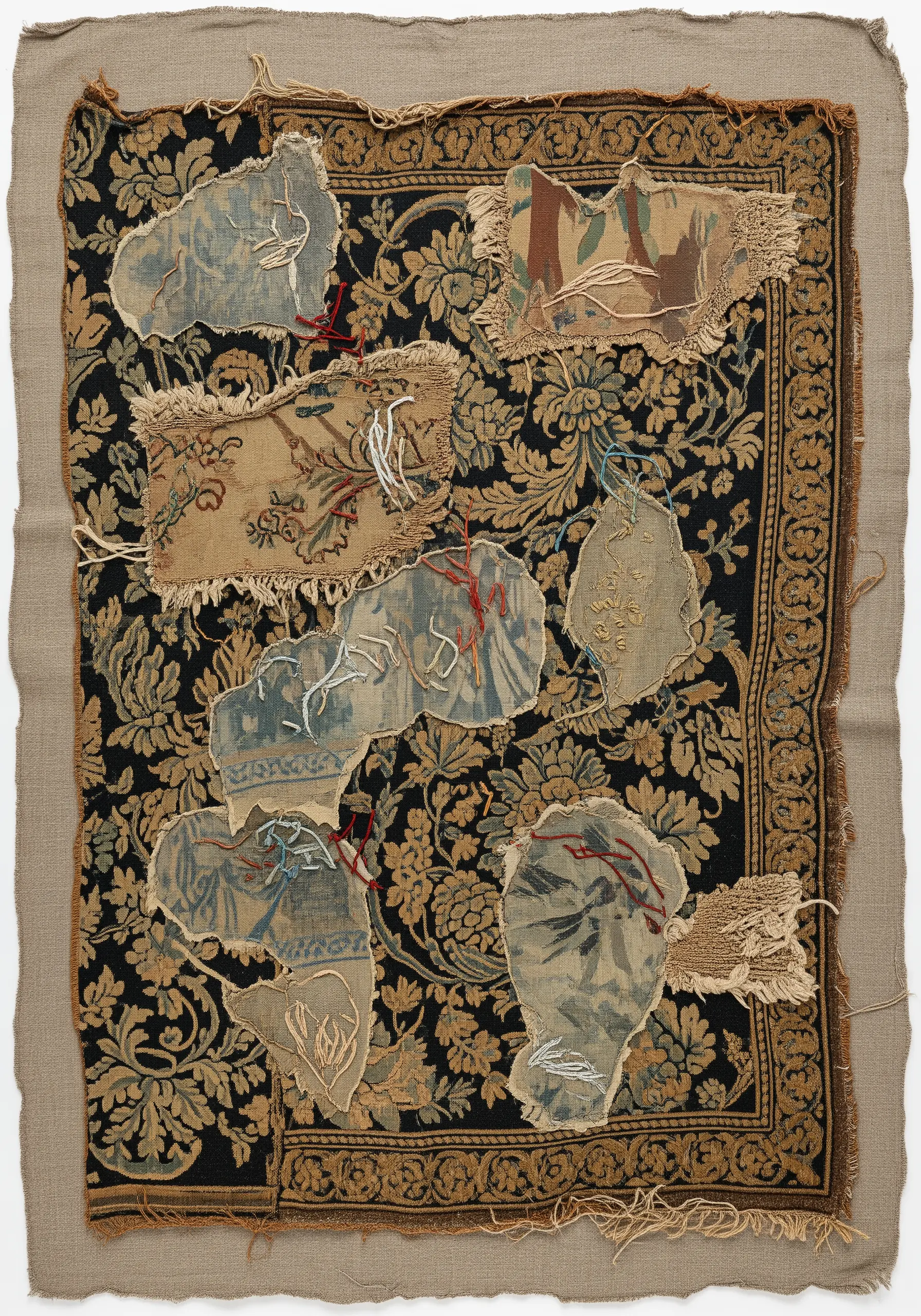 A collage made from a vintage floral tapestry with torn fabric fragments stitched on top.