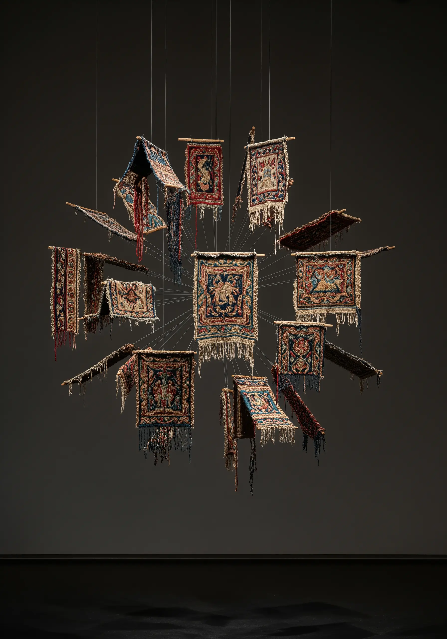 Fragments of vintage embroidered rugs suspended in a cluster against a dark background.