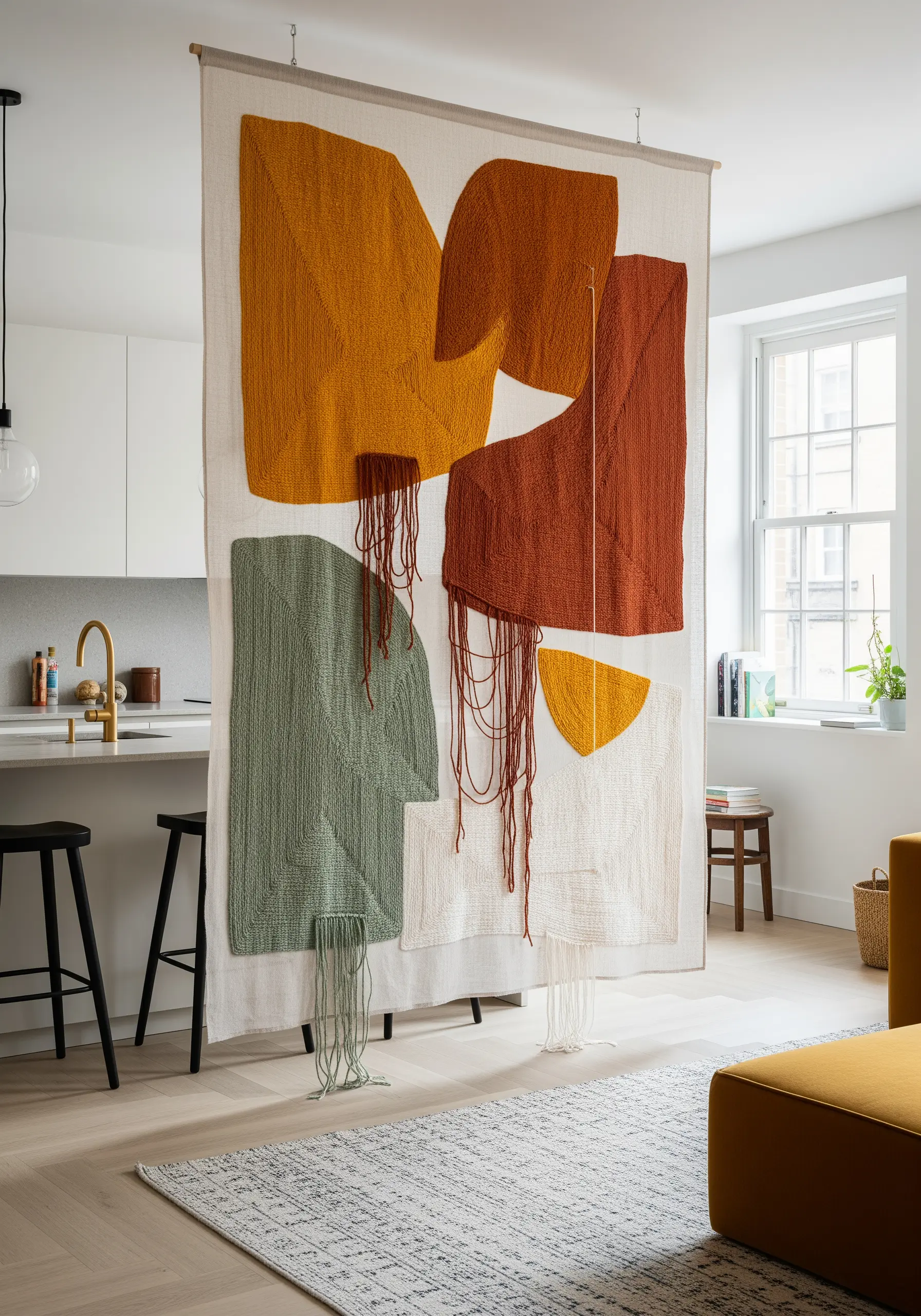 A large, semi-sheer room divider with abstract color-blocked shapes and trailing threads