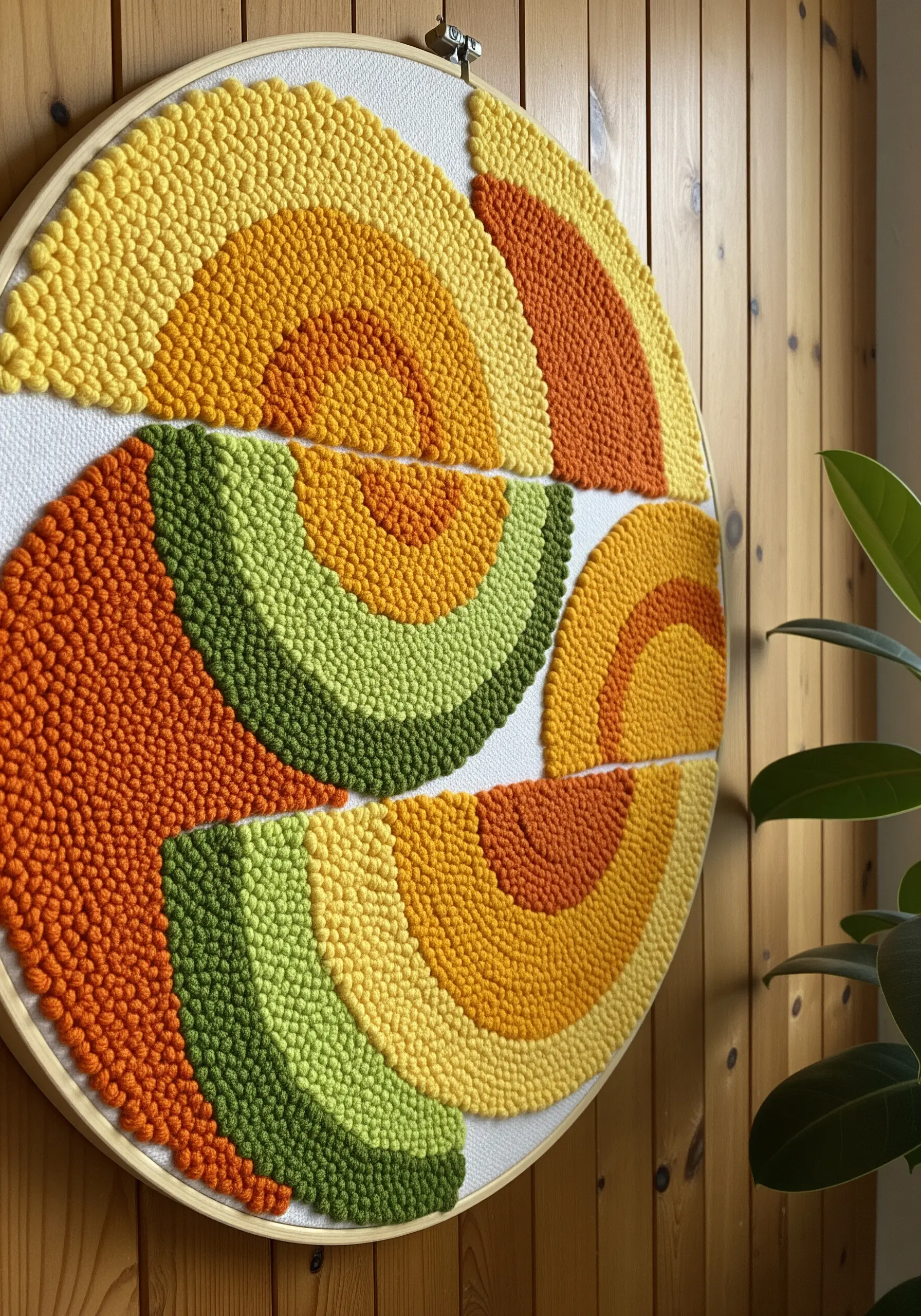 A large punch needle hoop with a deconstructed rainbow design in warm and cool tones.
