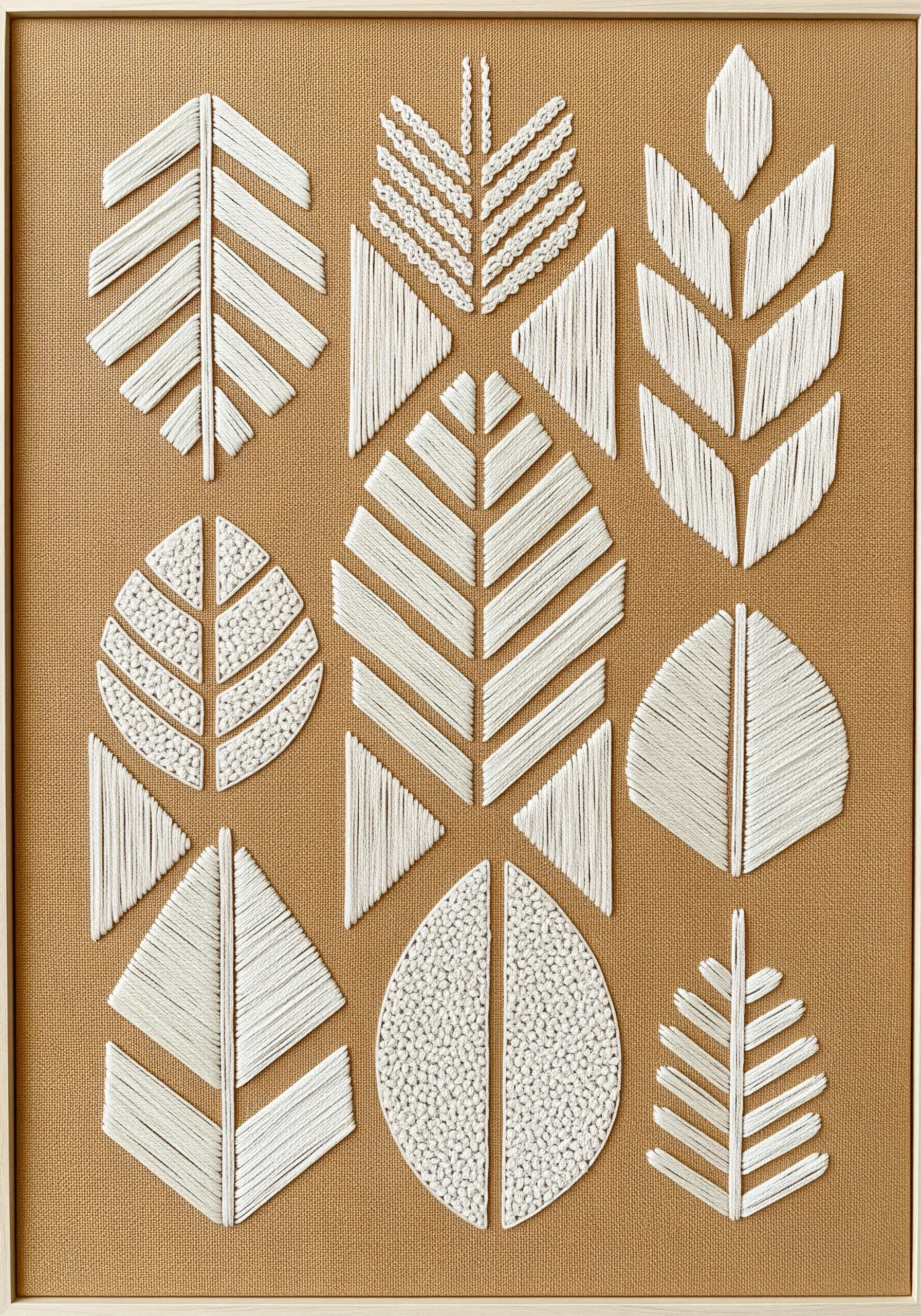 Framed artwork with geometric leaf shapes embroidered in white thread on a tan background.