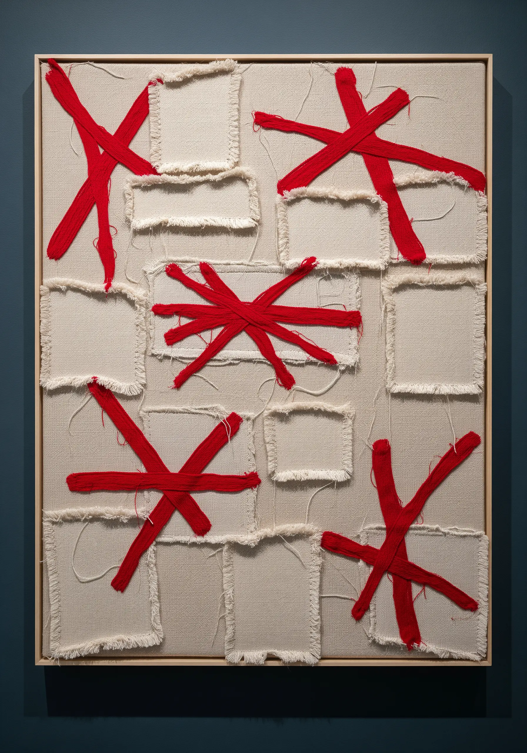 Framed canvas with floating, frayed patches connected by bold, abstract red yarn stitches.