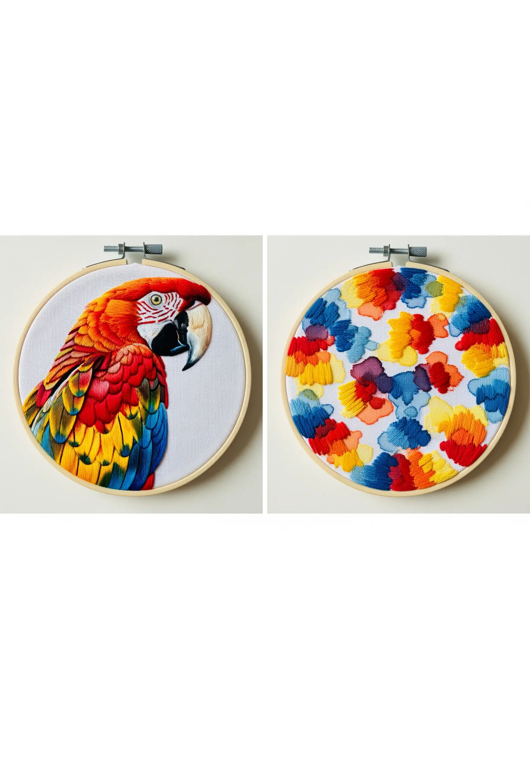 A diptych showing a macaw portrait in one hoop and its abstract color palette in another.