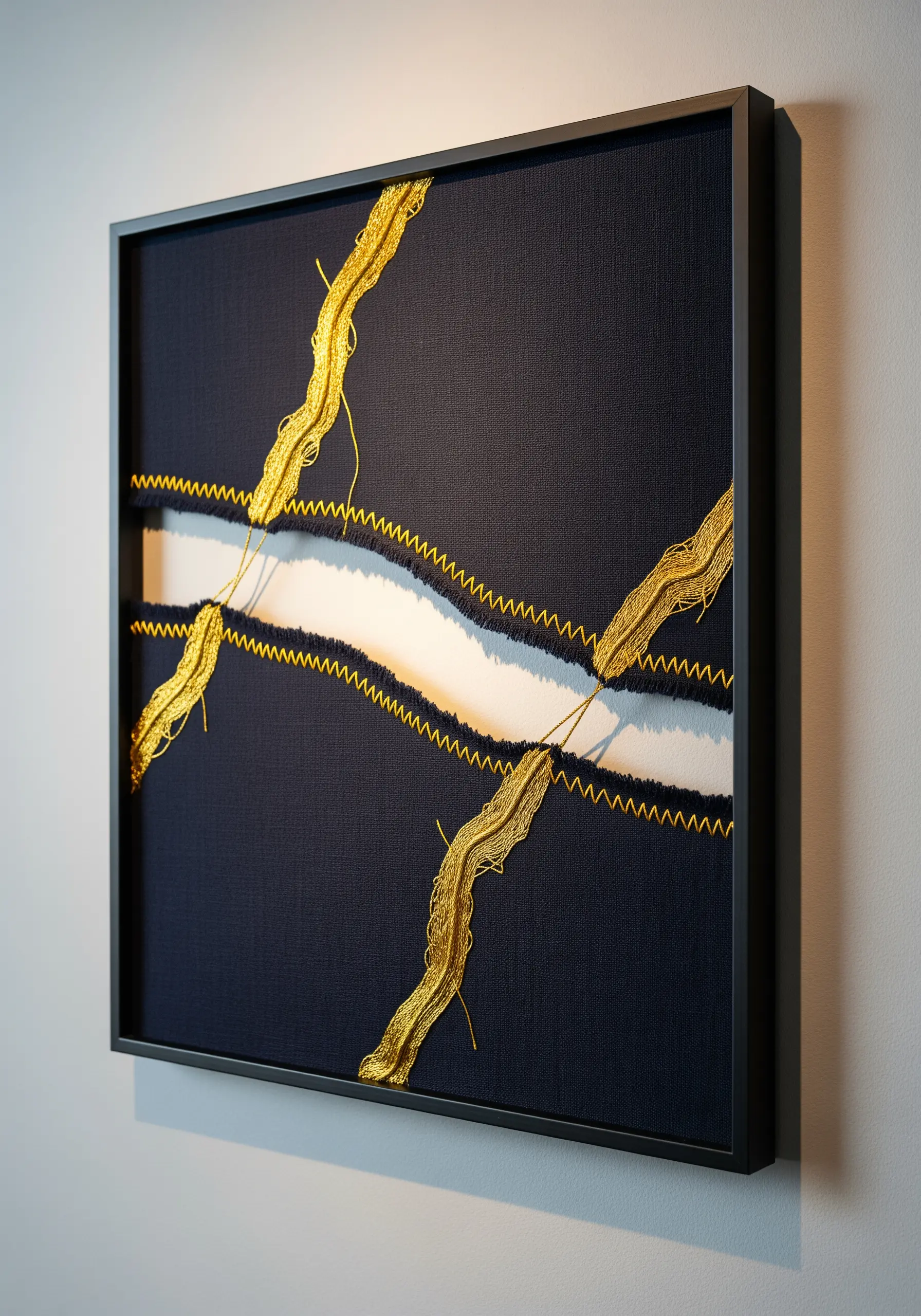 A framed abstract canvas with a tear mended by expressive gold thread and zigzag stitches.