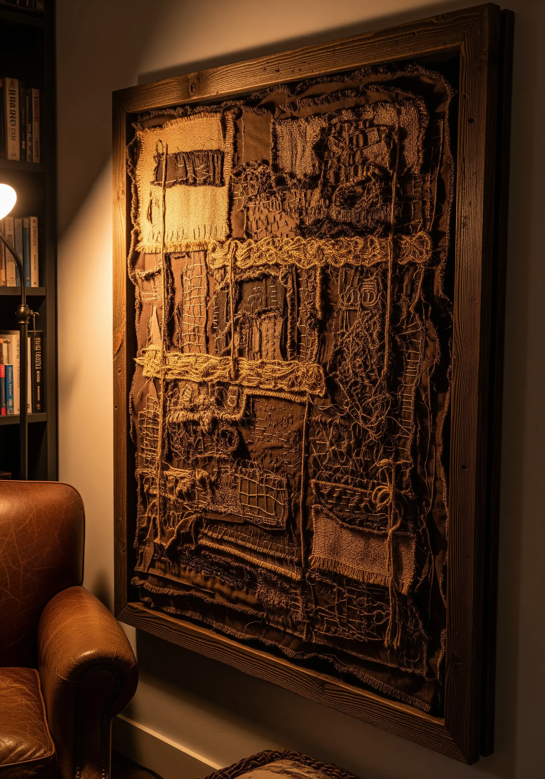 A framed abstract textile collage in brown tones with raw edges and visible, expressive stitching.