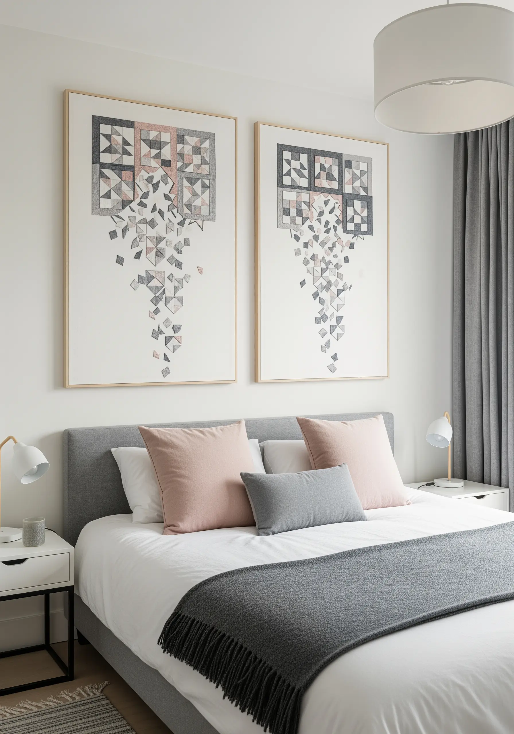 Two large vertical frames with geometric quilt-like patterns that appear to be crumbling or falling apart