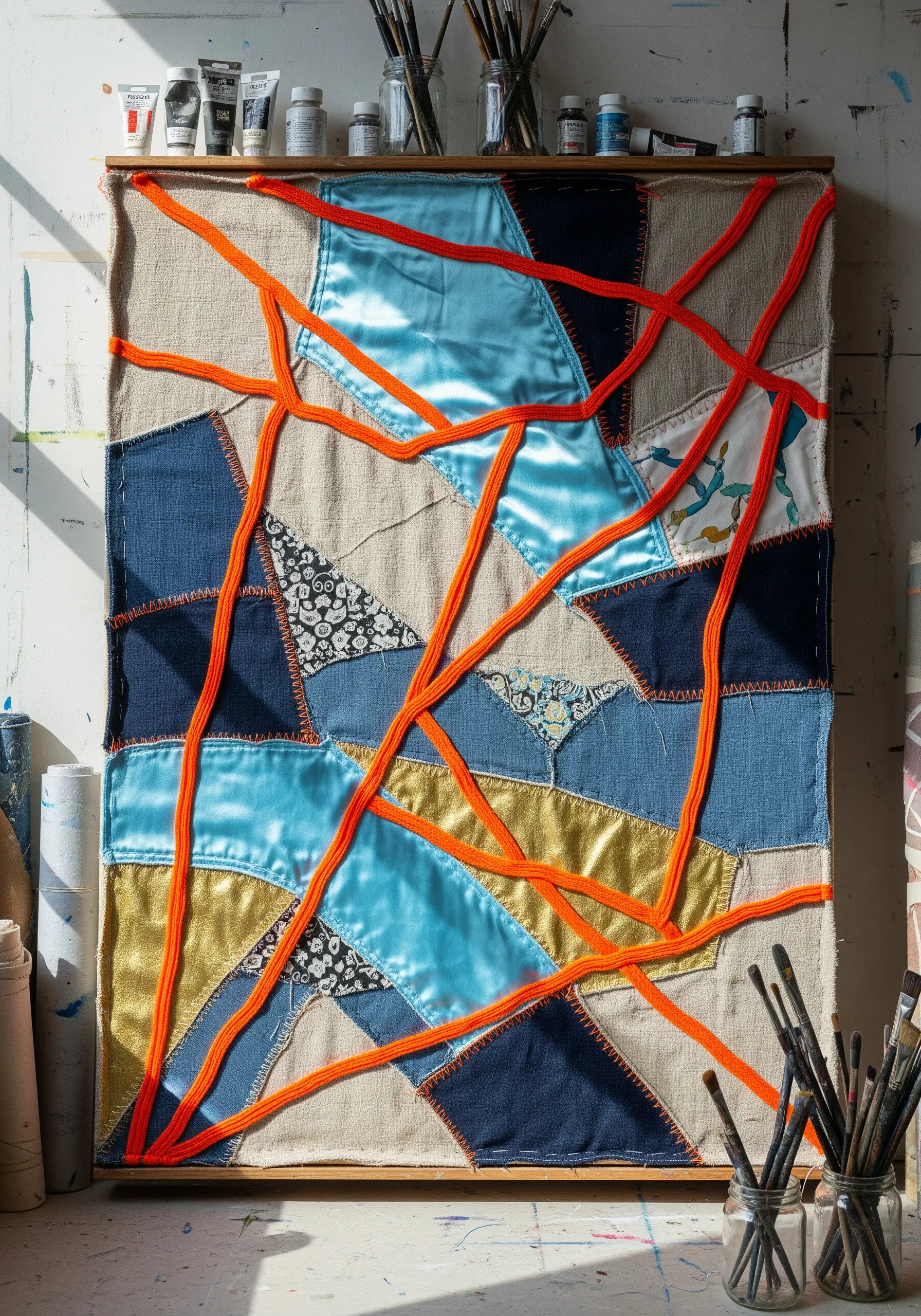 Abstract patchwork fabric art with bright orange yarn lines
