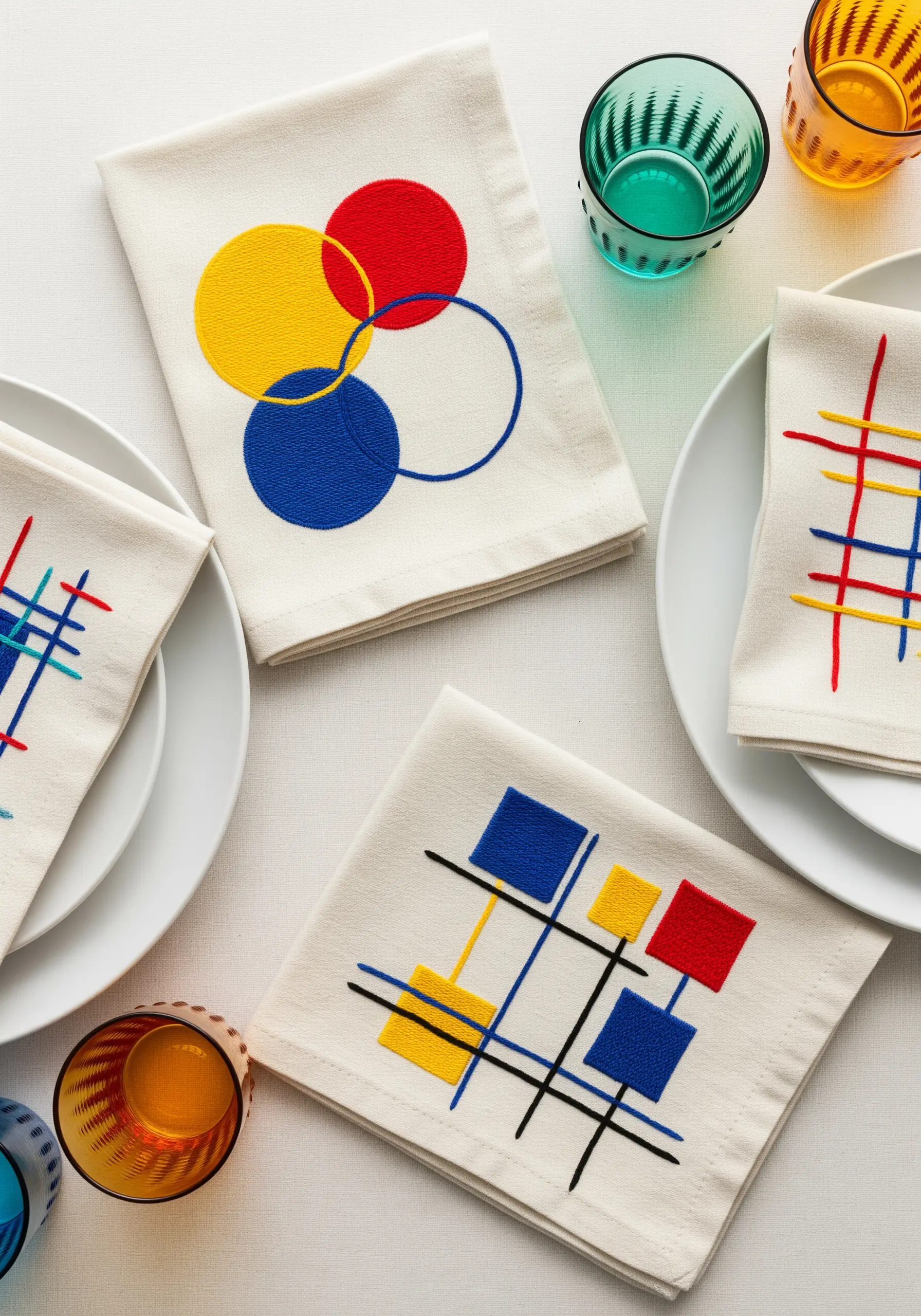 Napkins with Mondrian-inspired geometric embroidery in primary colors